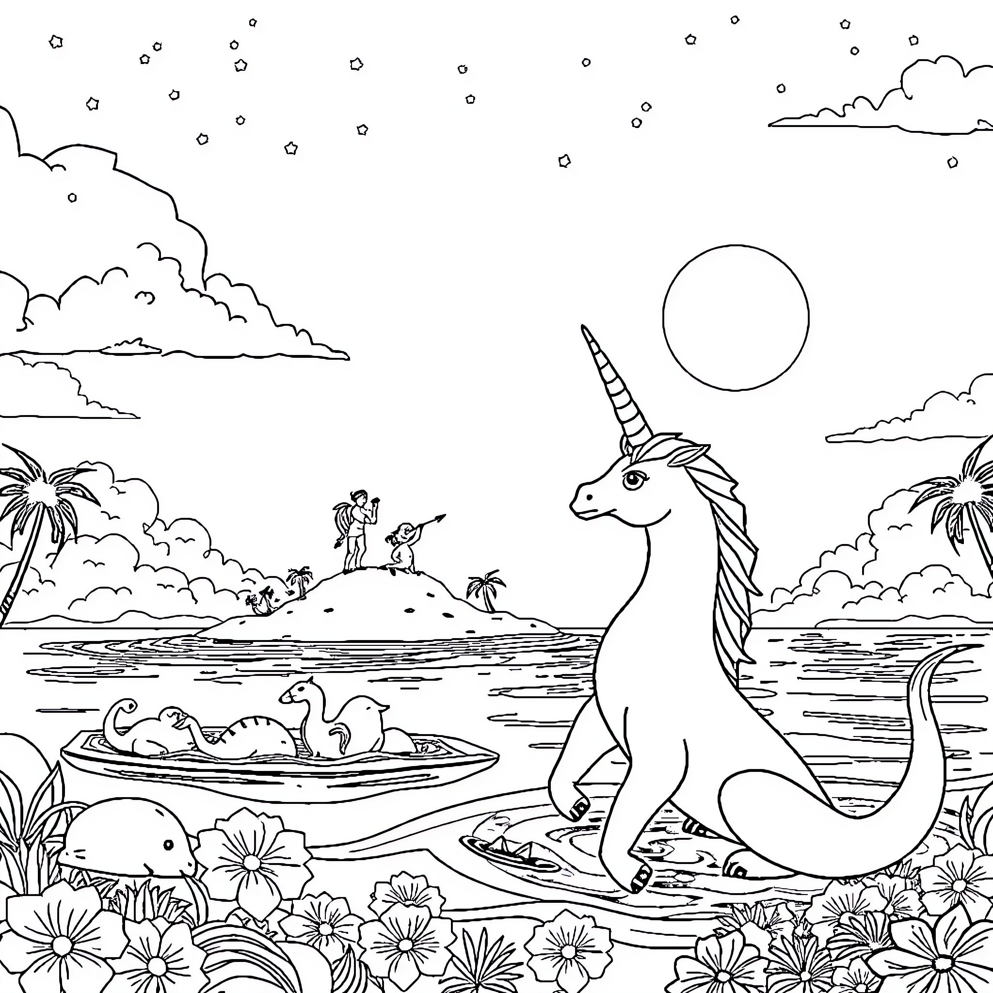 Unicorn relaxing by the beach with friends Coloring Page (free black-and-white line drawing printable PDF for all, from beginners to advanced learners, including children, teens, adults, and seniors)