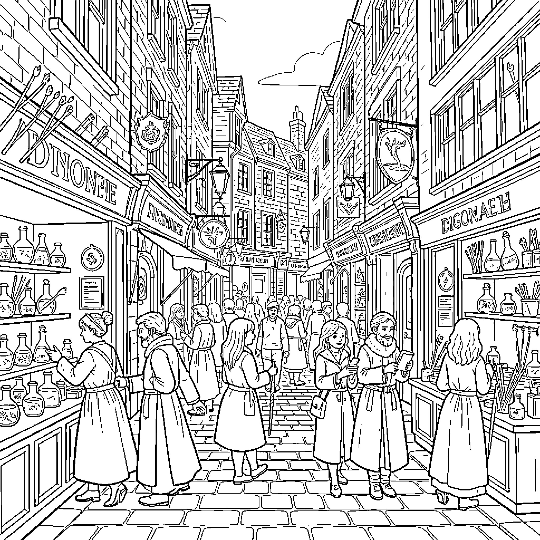 Diagon Alley Bustling with Wizarding Shops and Crowds Coloring Page (free black-and-white line drawing printable PDF for all, from beginners to advanced learners, including children, teens, adults, and seniors)