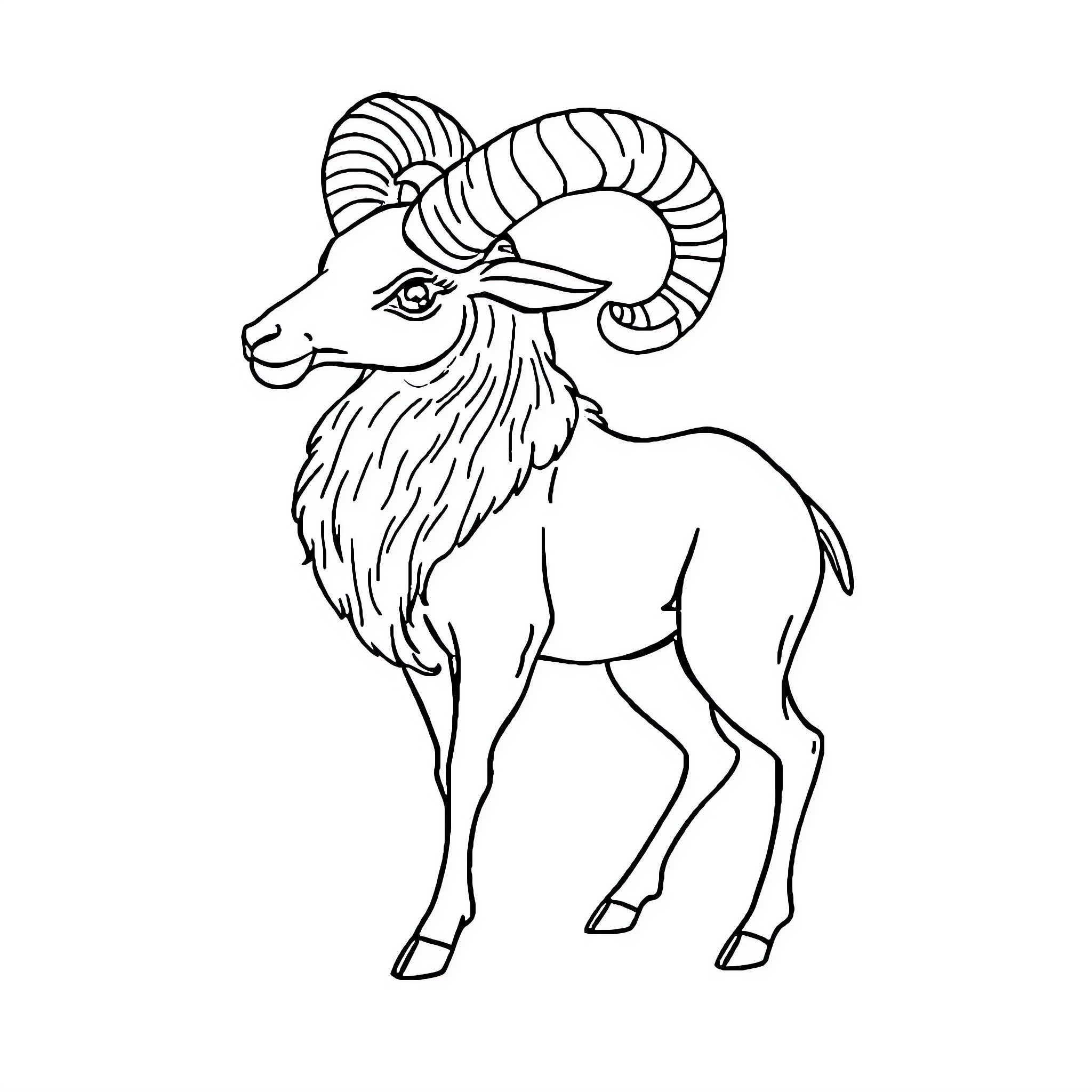 Aries the Majestic Mountain Goat Coloring Page (free black-and-white line drawing printable PDF for all, from beginners to advanced learners, including children, teens, adults, and seniors)