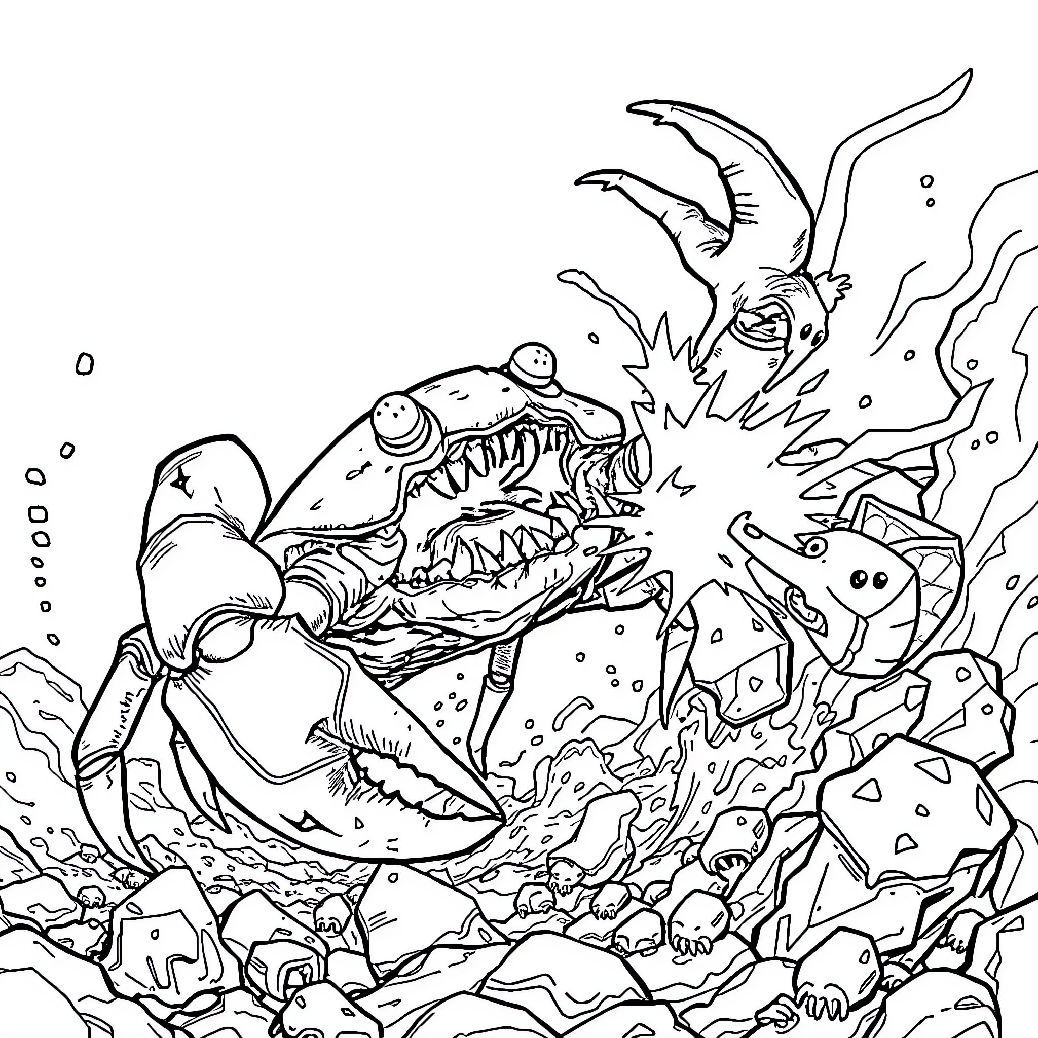 Crab hunting in the deep sea Coloring Page (free black-and-white line drawing printable PDF for all, from beginners to advanced learners, including children, teens, adults, and seniors)