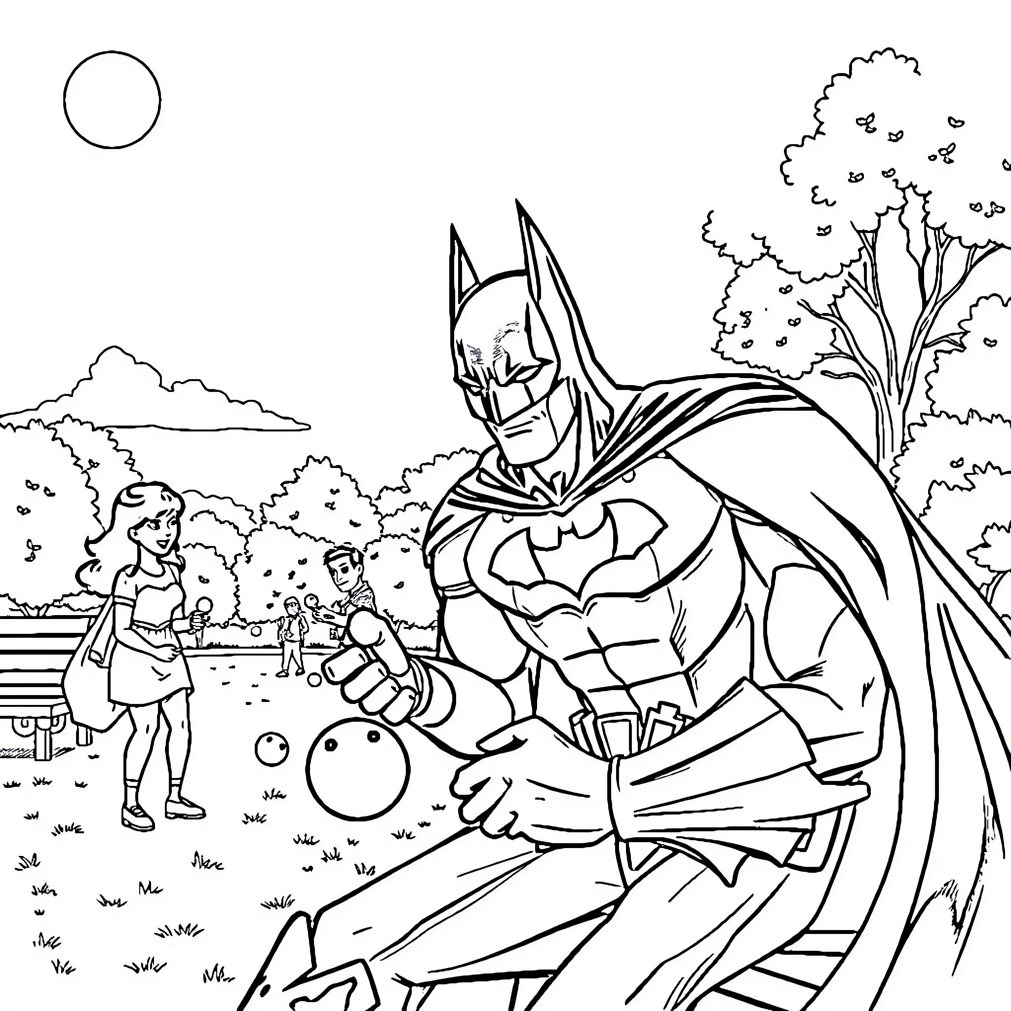 Batman helping children play in the park Coloring Page (free black-and-white line drawing printable PDF for all, from beginners to advanced learners, including children, teens, adults, and seniors)