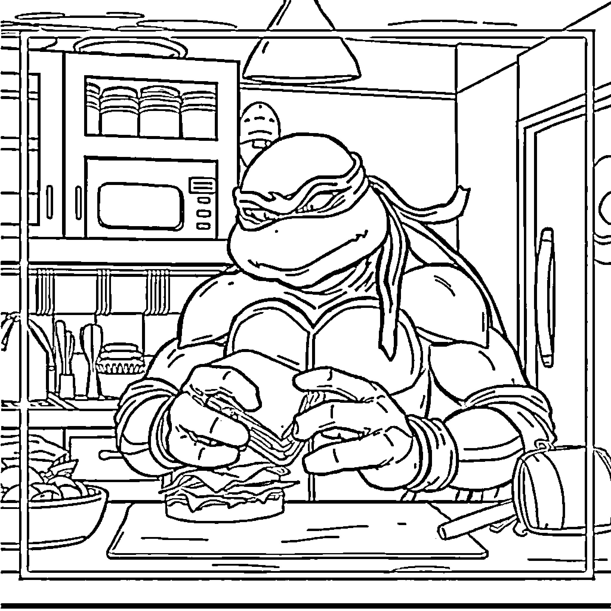 Teenage Mutant Ninja Turtle cooking in kitchen Coloring Page (free black-and-white line drawing printable PDF for all, from beginners to advanced learners, including children, teens, adults, and seniors)