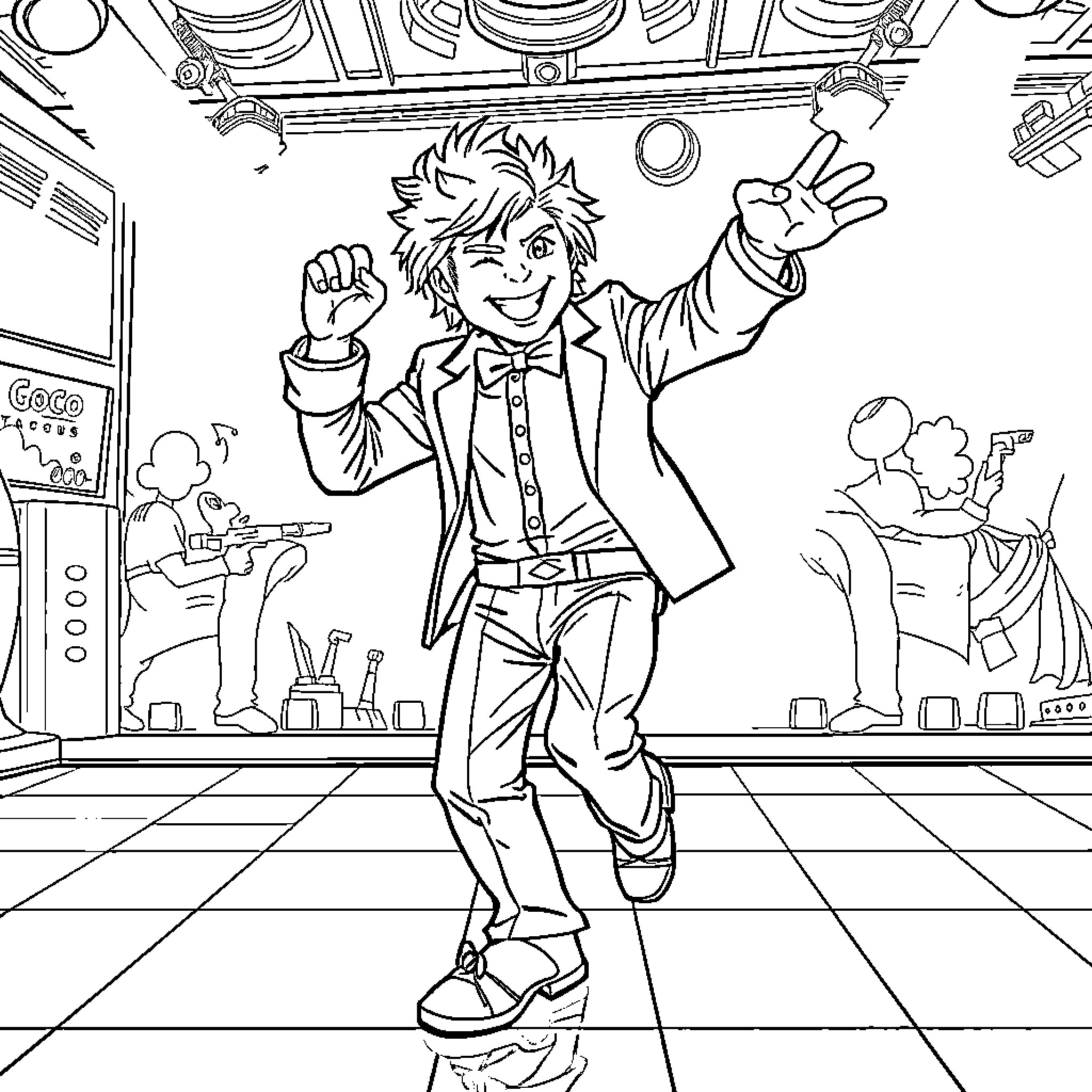 Lloyd Garmadon's Energetic Antics in the Colorful Arcade Coloring Page (free black-and-white line drawing printable PDF for all, from beginners to advanced learners, including children, teens, adults, and seniors)