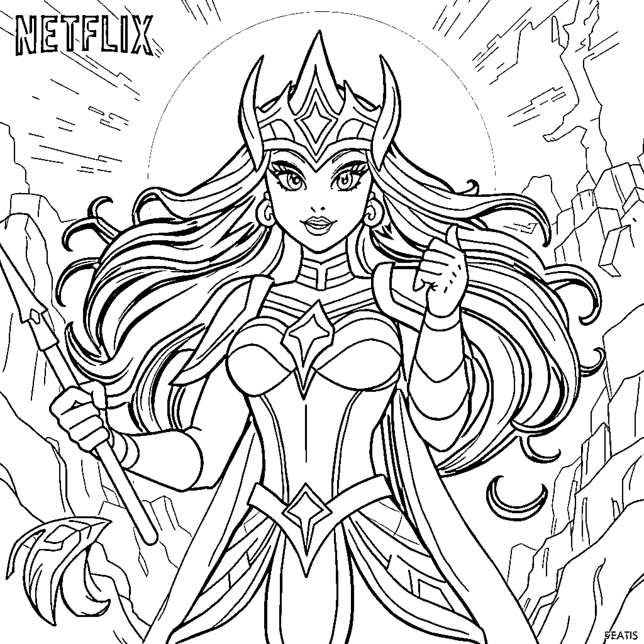 She-Ra in Heroic Pose Amidst Dramatic Scenery Coloring Page (free black-and-white line drawing printable PDF for all, from beginners to advanced learners, including children, teens, adults, and seniors)
