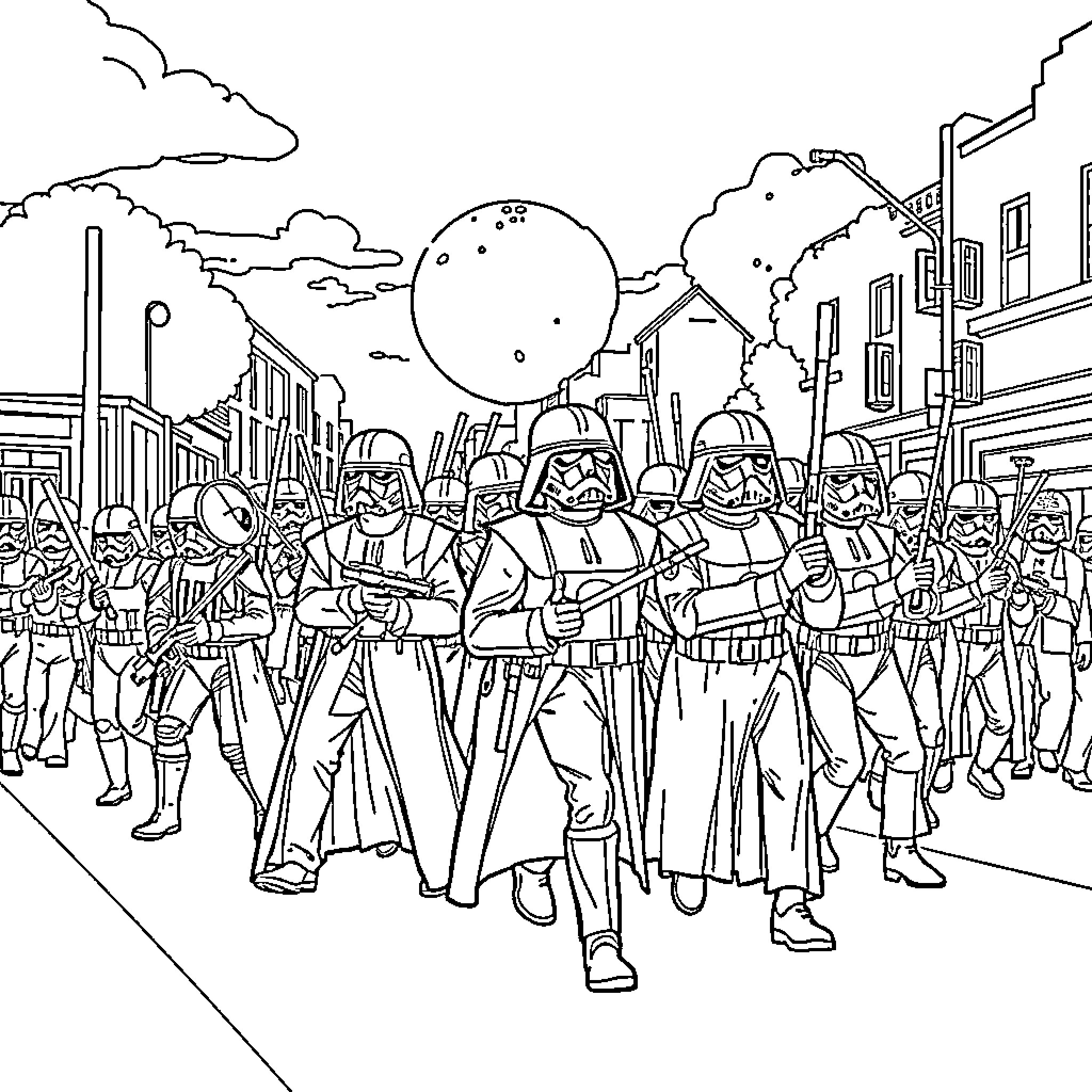 Star Wars characters in a cityscape parade Coloring Page (free black-and-white line drawing printable PDF for all, from beginners to advanced learners, including children, teens, adults, and seniors)