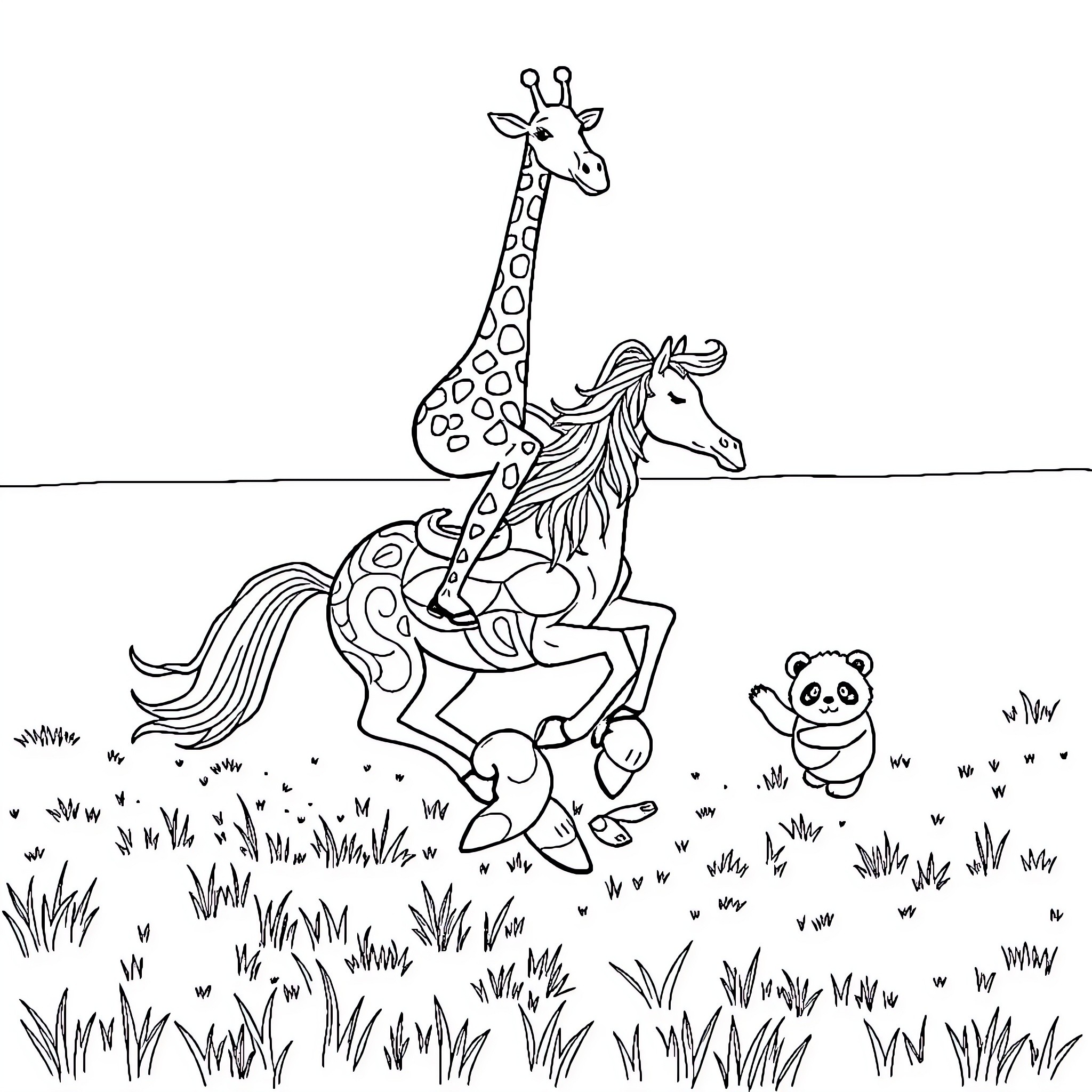 Giraffe and Horse Playing in the Meadow Coloring Page (free black-and-white line drawing printable PDF for all, from beginners to advanced learners, including children, teens, adults, and seniors)