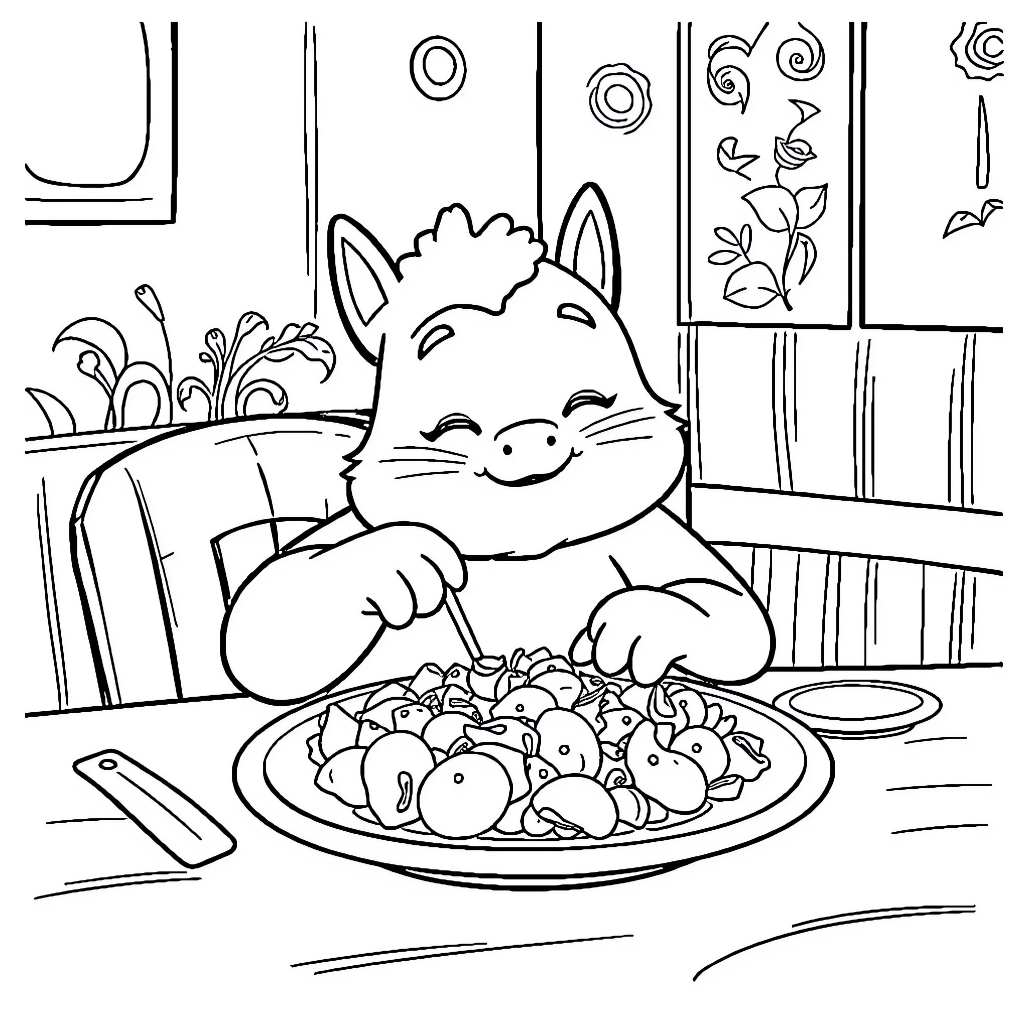 Kinich Enjoying a Tasty Meal Coloring Page (free black-and-white line drawing printable PDF for all, from beginners to advanced learners, including children, teens, adults, and seniors)