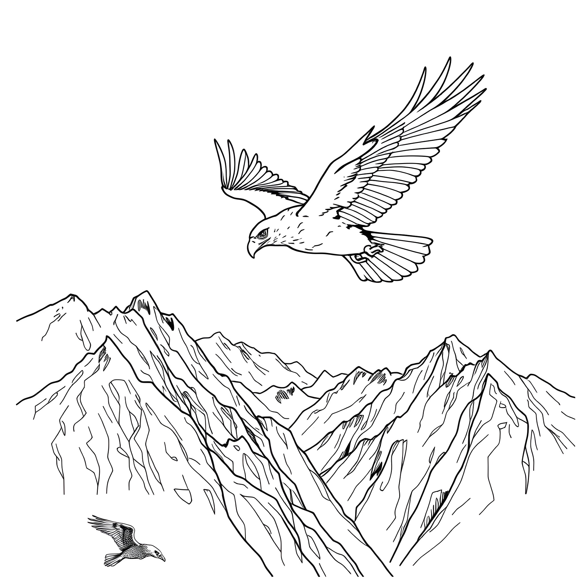 Eagle soaring over majestic mountain peaks Coloring Page (free black-and-white line drawing printable PDF for all, from beginners to advanced learners, including children, teens, adults, and seniors)