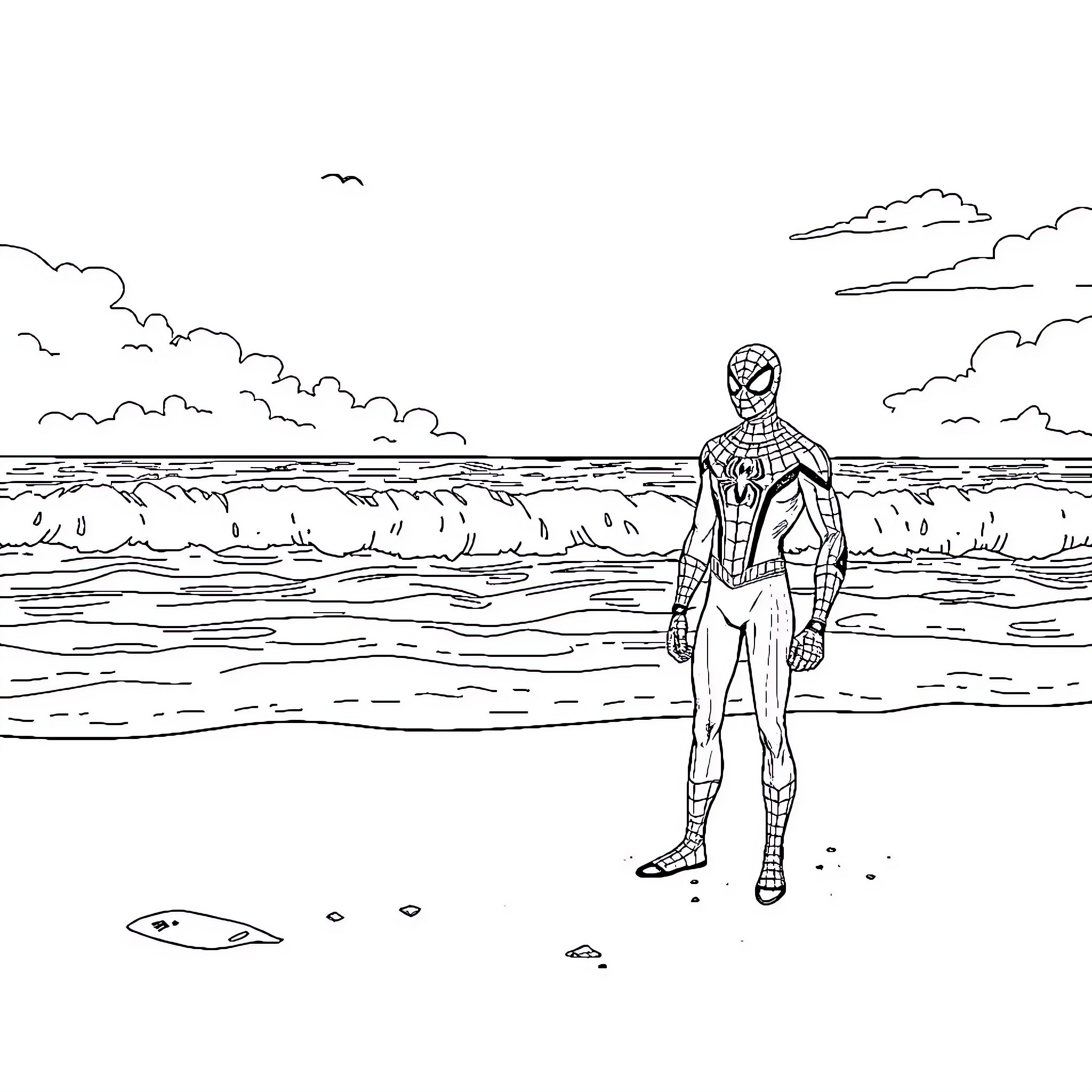 Spider-Man overlooking the waves at the beach Coloring Page (free black-and-white line drawing printable PDF for all, from beginners to advanced learners, including children, teens, adults, and seniors)