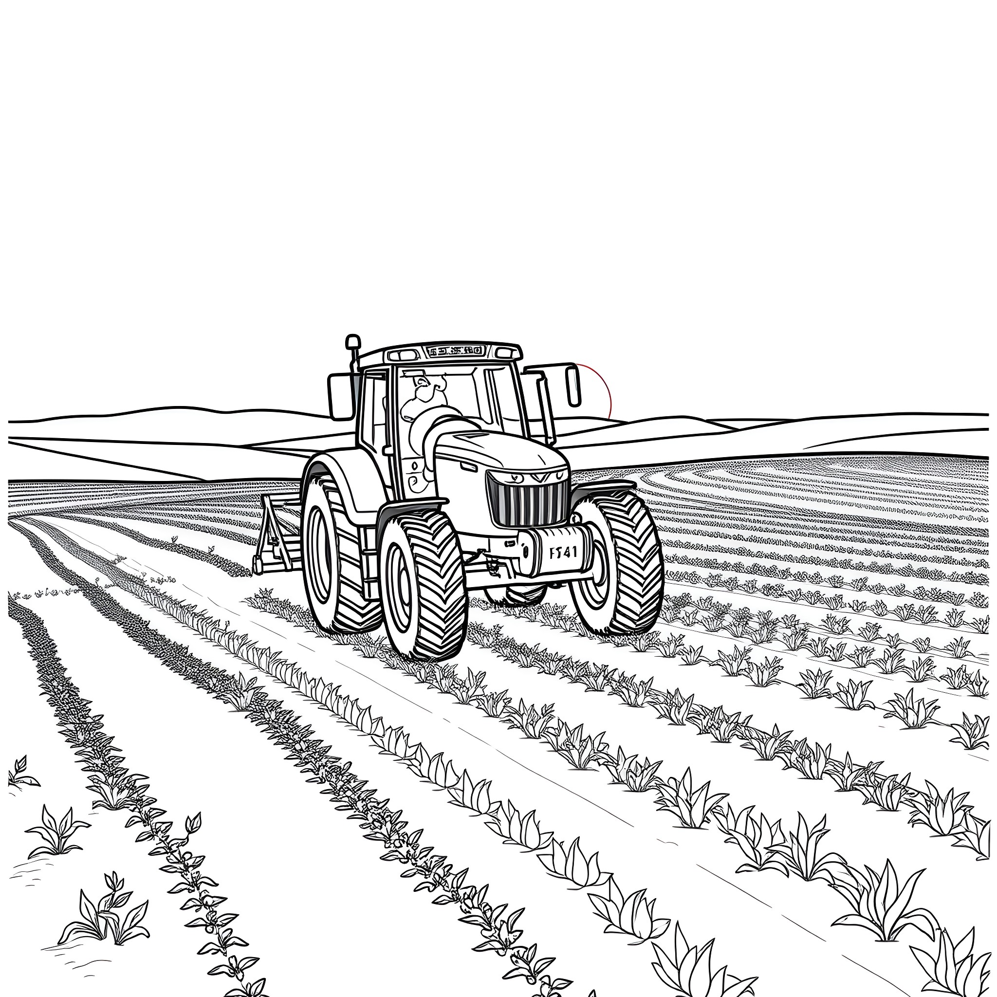 Tractor plowing the field in rural landscape Coloring Page (free black-and-white line drawing printable PDF for all, from beginners to advanced learners, including children, teens, adults, and seniors)