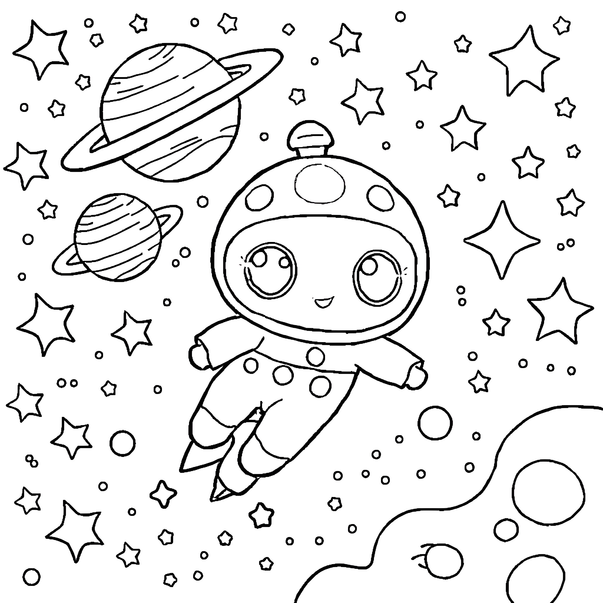 La Bubu's Intergalactic Adventure Coloring Page (free black-and-white line drawing printable PDF for all, from beginners to advanced learners, including children, teens, adults, and seniors)