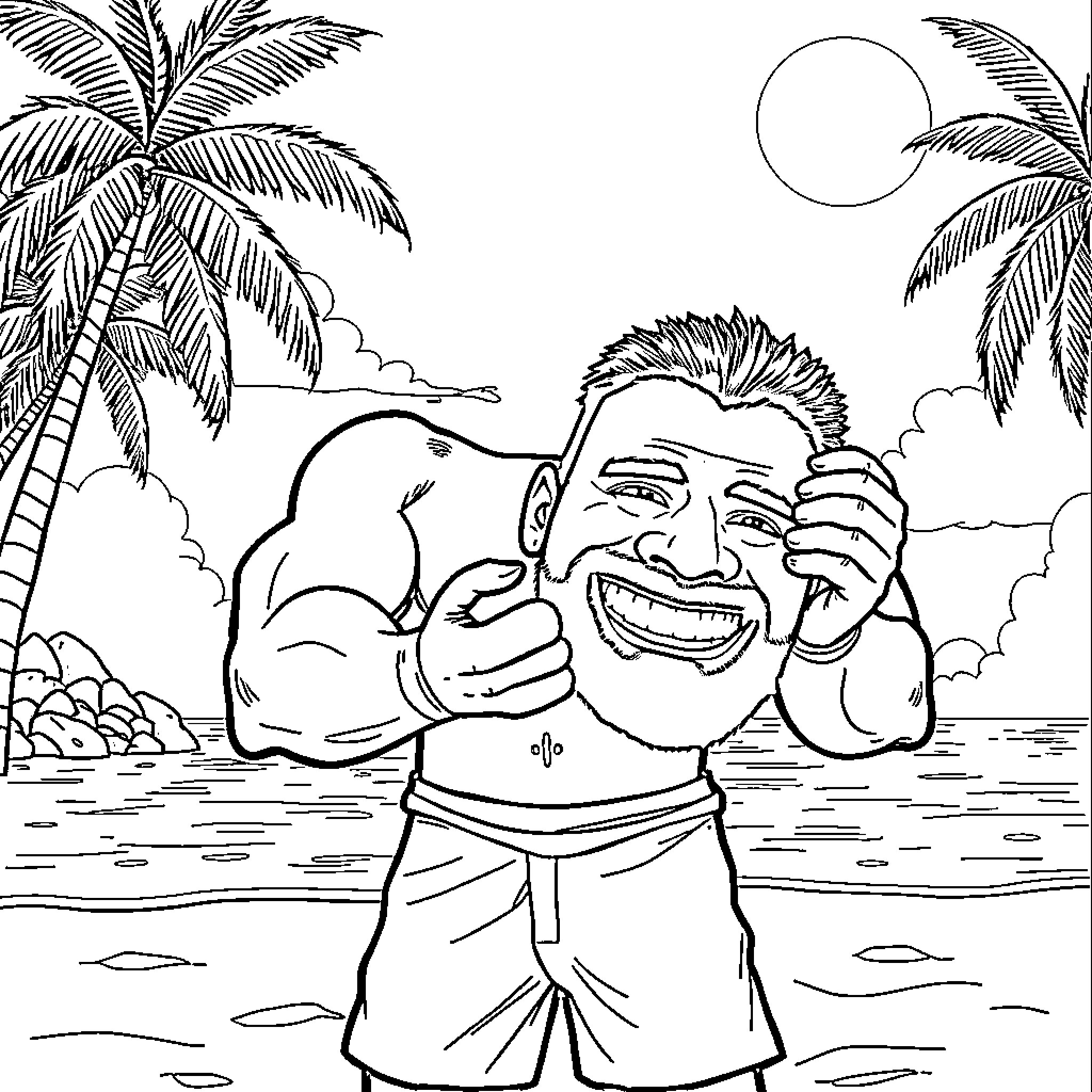 Aesop's Joyful Man in Paradise Coloring Page (free black-and-white line drawing printable PDF for all, from beginners to advanced learners, including children, teens, adults, and seniors)