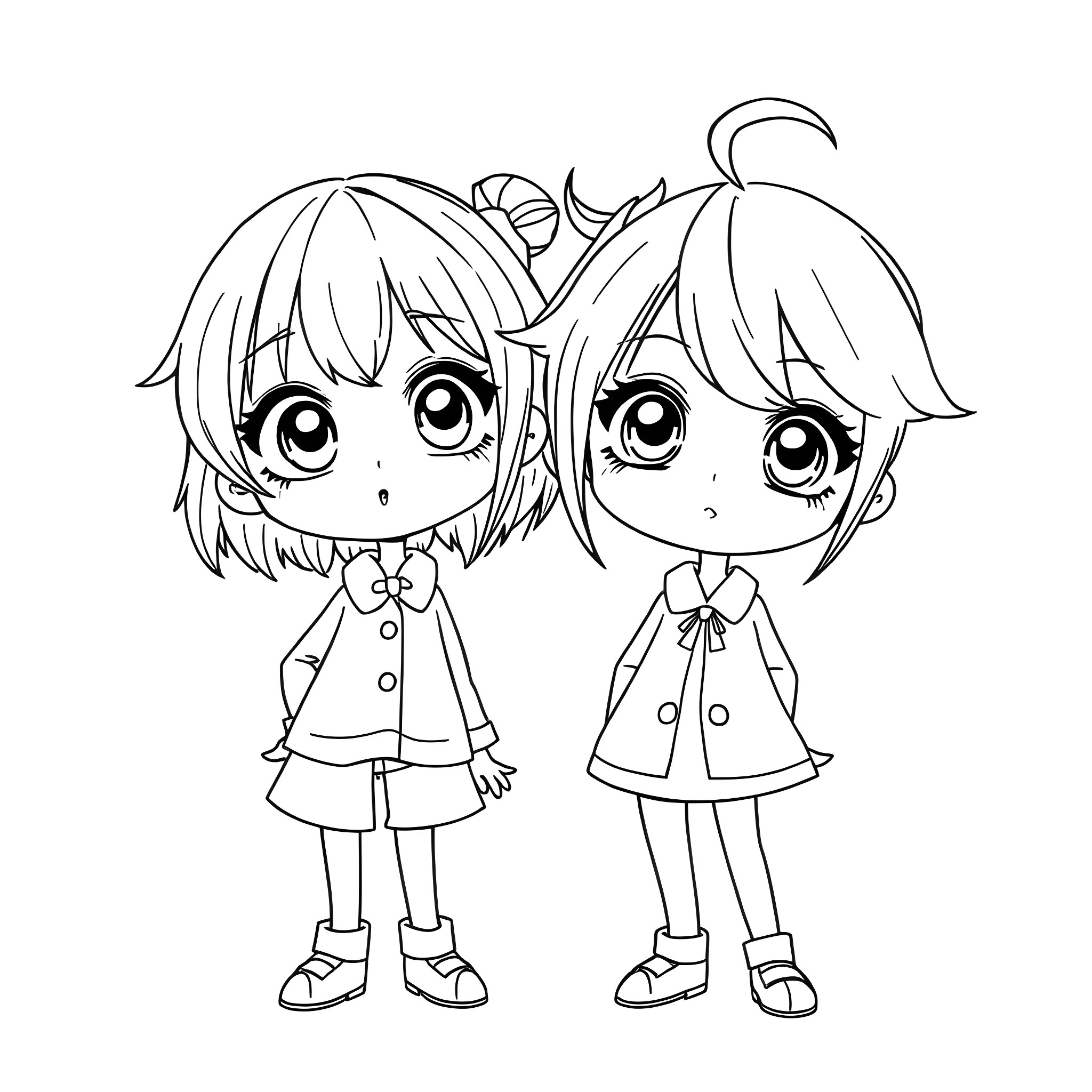Manga Chibi Girls in Cute Outfits Coloring Page (free black-and-white line drawing printable PDF for all, from beginners to advanced learners, including children, teens, adults, and seniors)