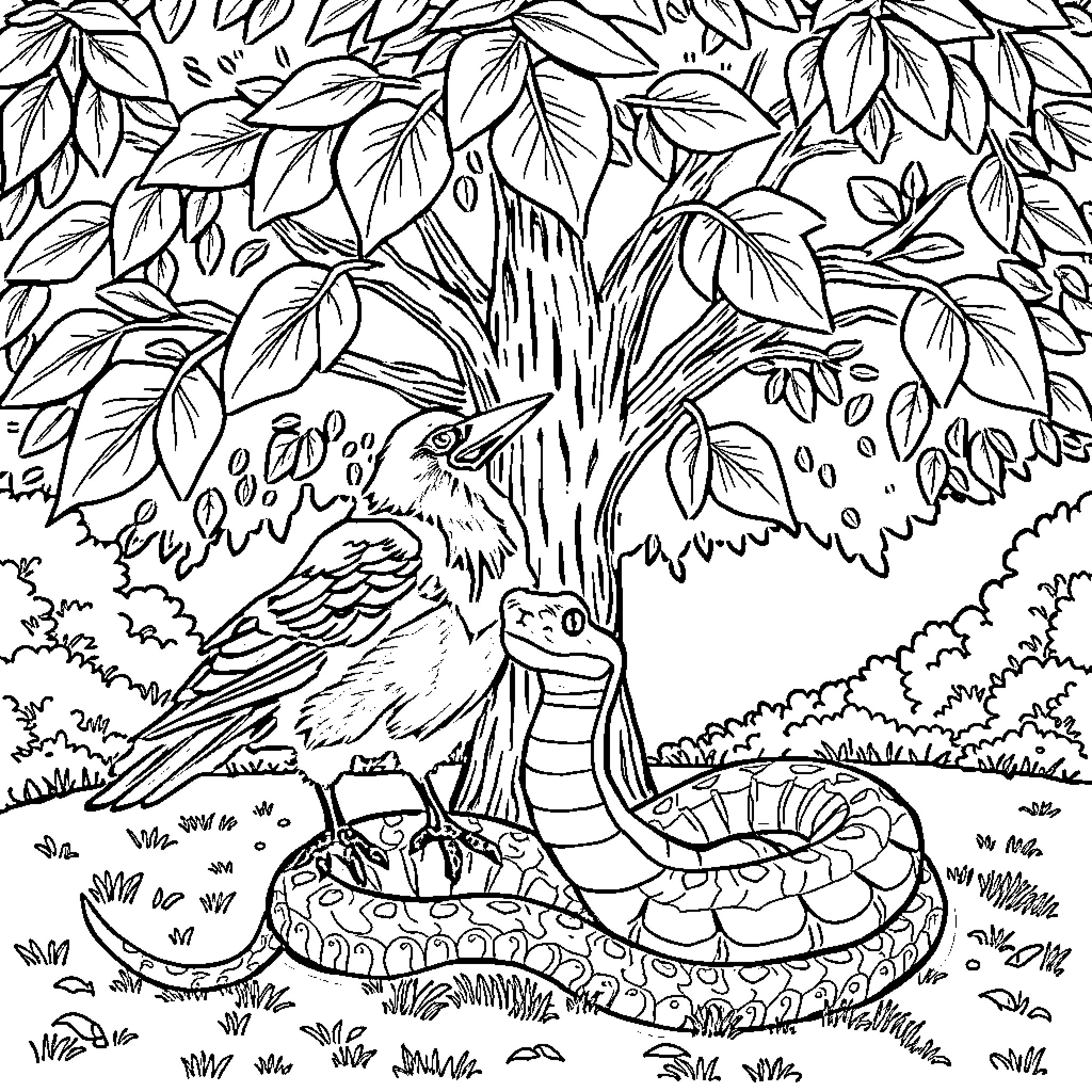 Crow perched on tree with coiled snake Coloring Page (free black-and-white line drawing printable PDF for all, from beginners to advanced learners, including children, teens, adults, and seniors)