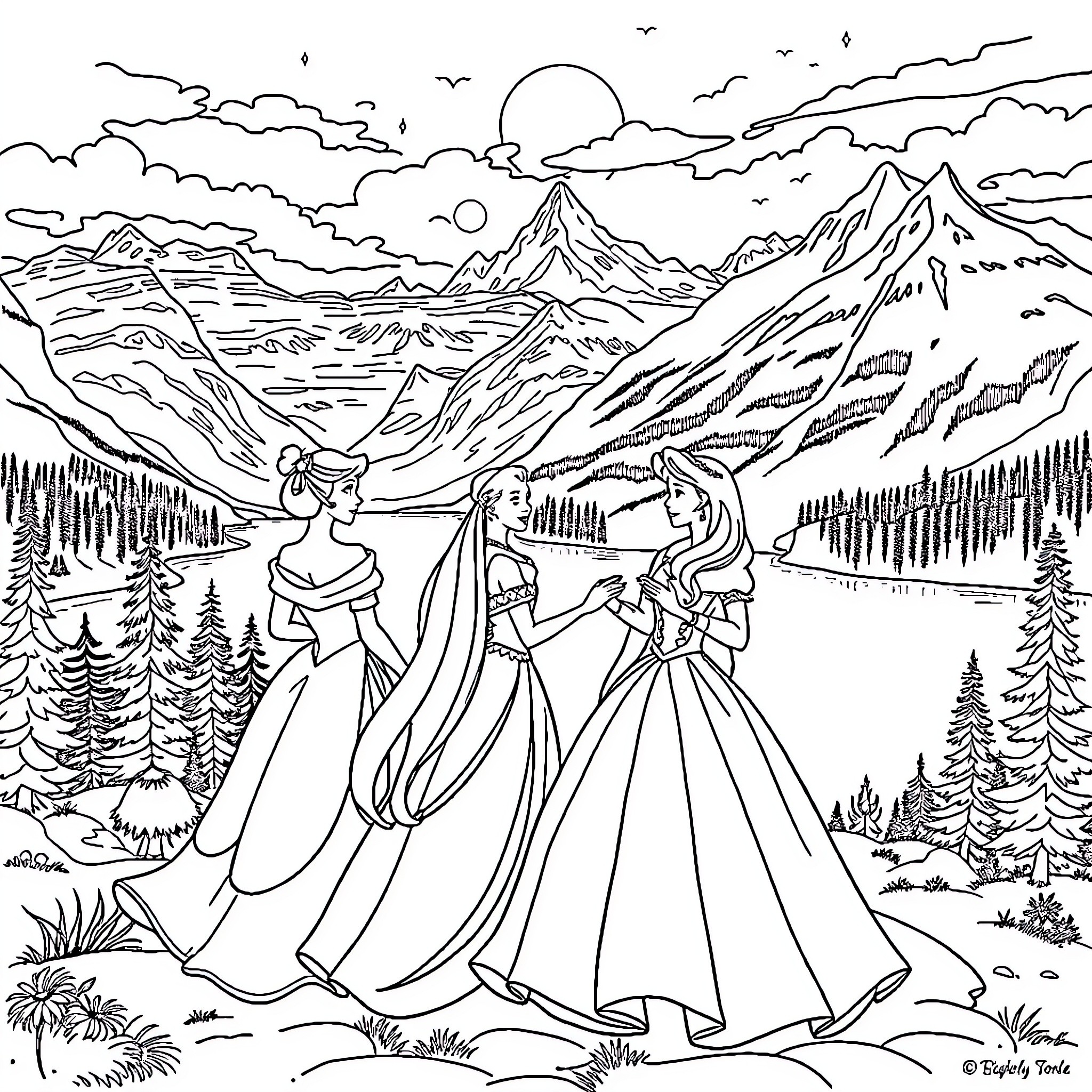 Disney Princess Exploring the Majestic Mountain Landscape Coloring Page (free black-and-white line drawing printable PDF for all, from beginners to advanced learners, including children, teens, adults, and seniors)