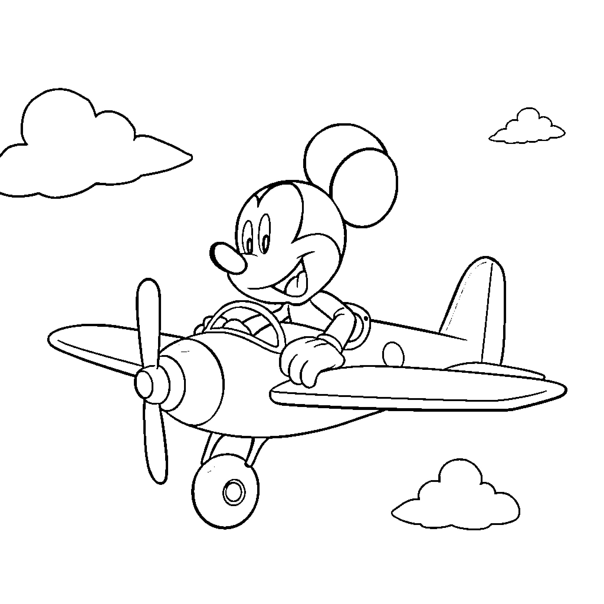 Mickey Mouse flying a propeller plane Coloring Page (free black-and-white line drawing printable PDF for all, from beginners to advanced learners, including children, teens, adults, and seniors)