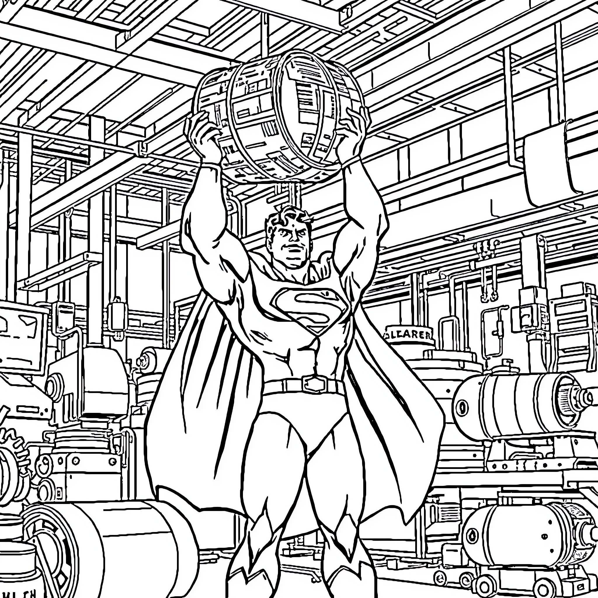 Superman lifting machinery in industrial setting Coloring Page (free black-and-white line drawing printable PDF for all, from beginners to advanced learners, including children, teens, adults, and seniors)