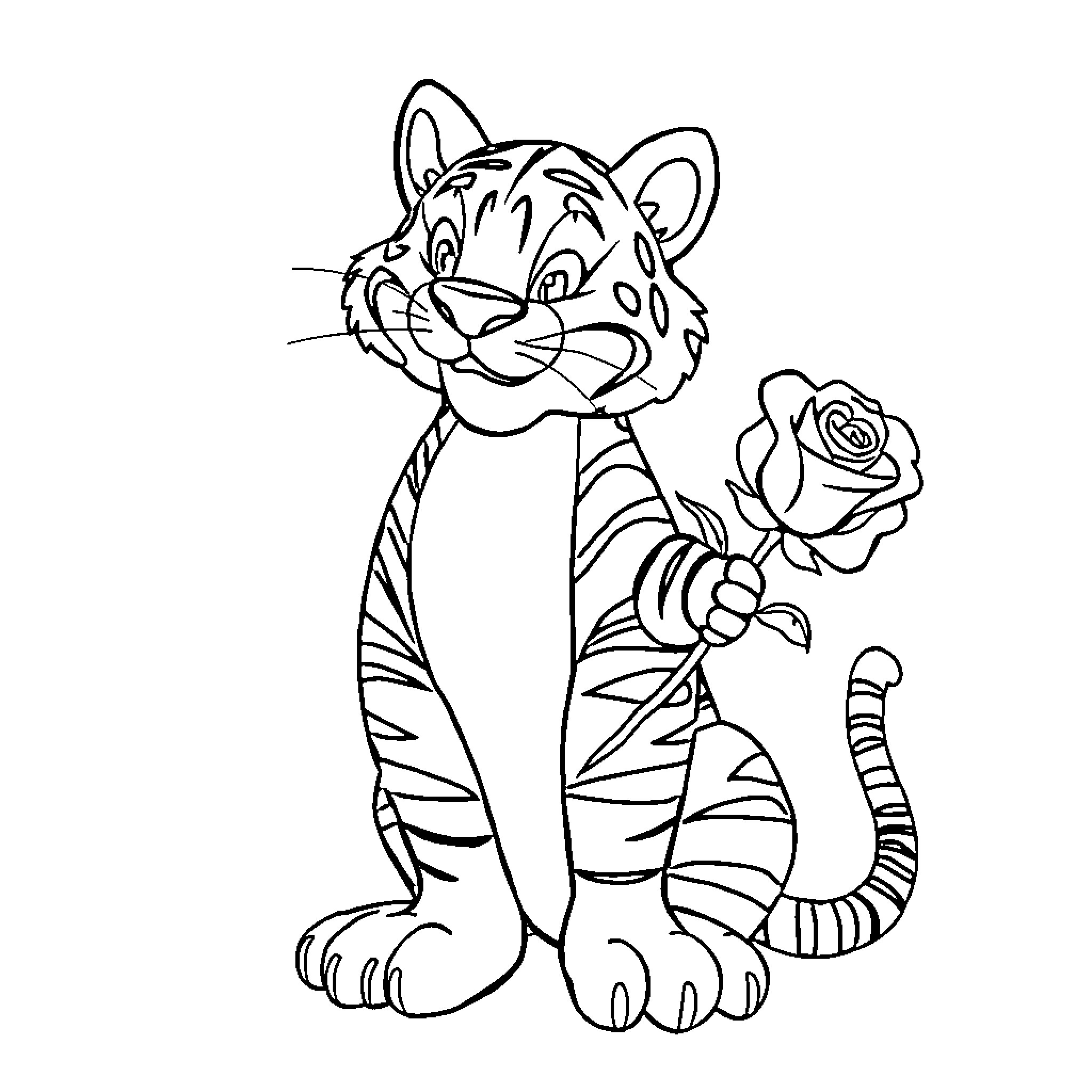 Tigger the Tiger with a Rose Coloring Page (free black-and-white line drawing printable PDF for all, from beginners to advanced learners, including children, teens, adults, and seniors)