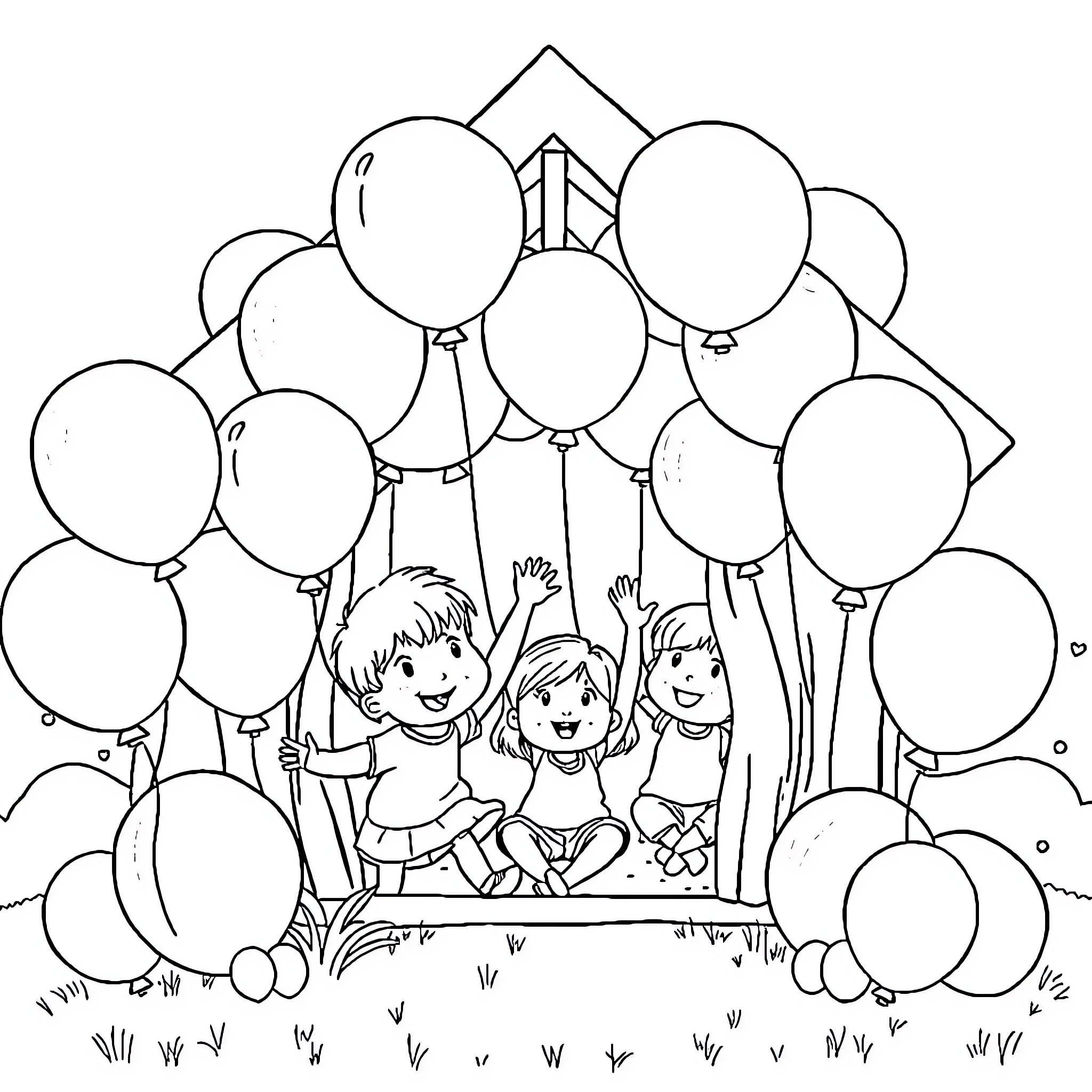 Kid playing with balloons outdoors Coloring Page (free black-and-white line drawing printable PDF for all, from beginners to advanced learners, including children, teens, adults, and seniors)