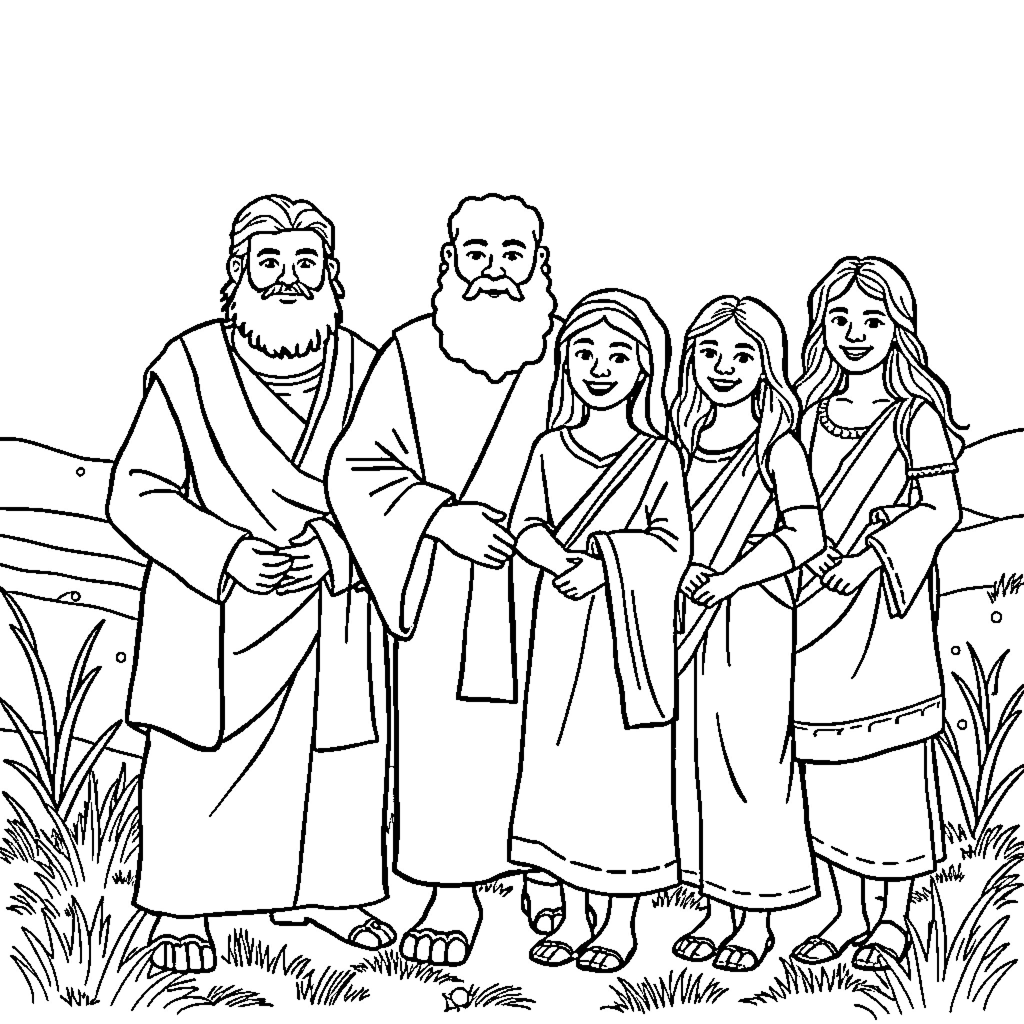 Noah's family gathered in the wilderness Coloring Page (free black-and-white line drawing printable PDF for all, from beginners to advanced learners, including children, teens, adults, and seniors)