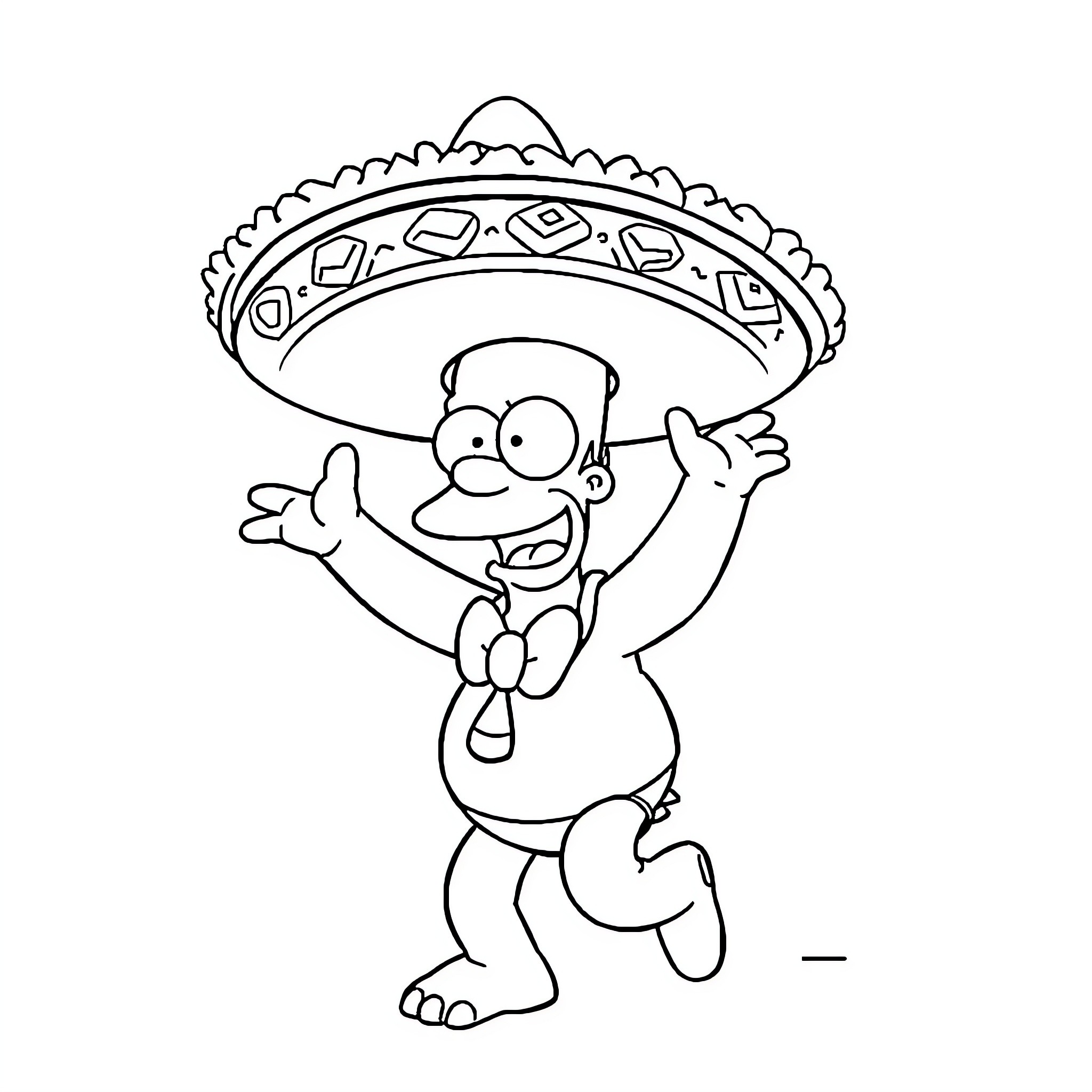 Homer Simpson wearing a festive sombrero and celebrating Coloring Page (free black-and-white line drawing printable PDF for all, from beginners to advanced learners, including children, teens, adults, and seniors)