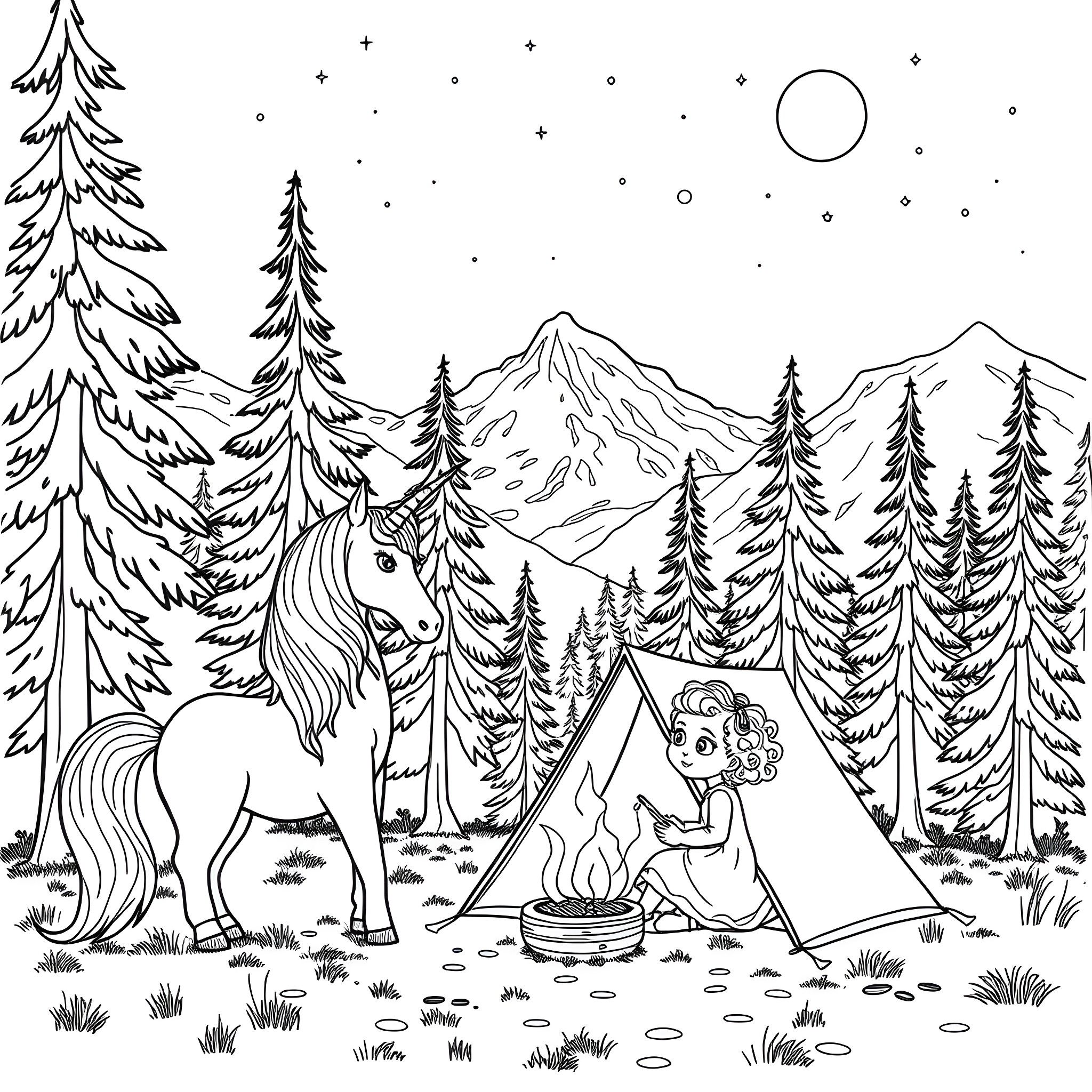 Unicorn camping under the starry night sky Coloring Page (free black-and-white line drawing printable PDF for all, from beginners to advanced learners, including children, teens, adults, and seniors)
