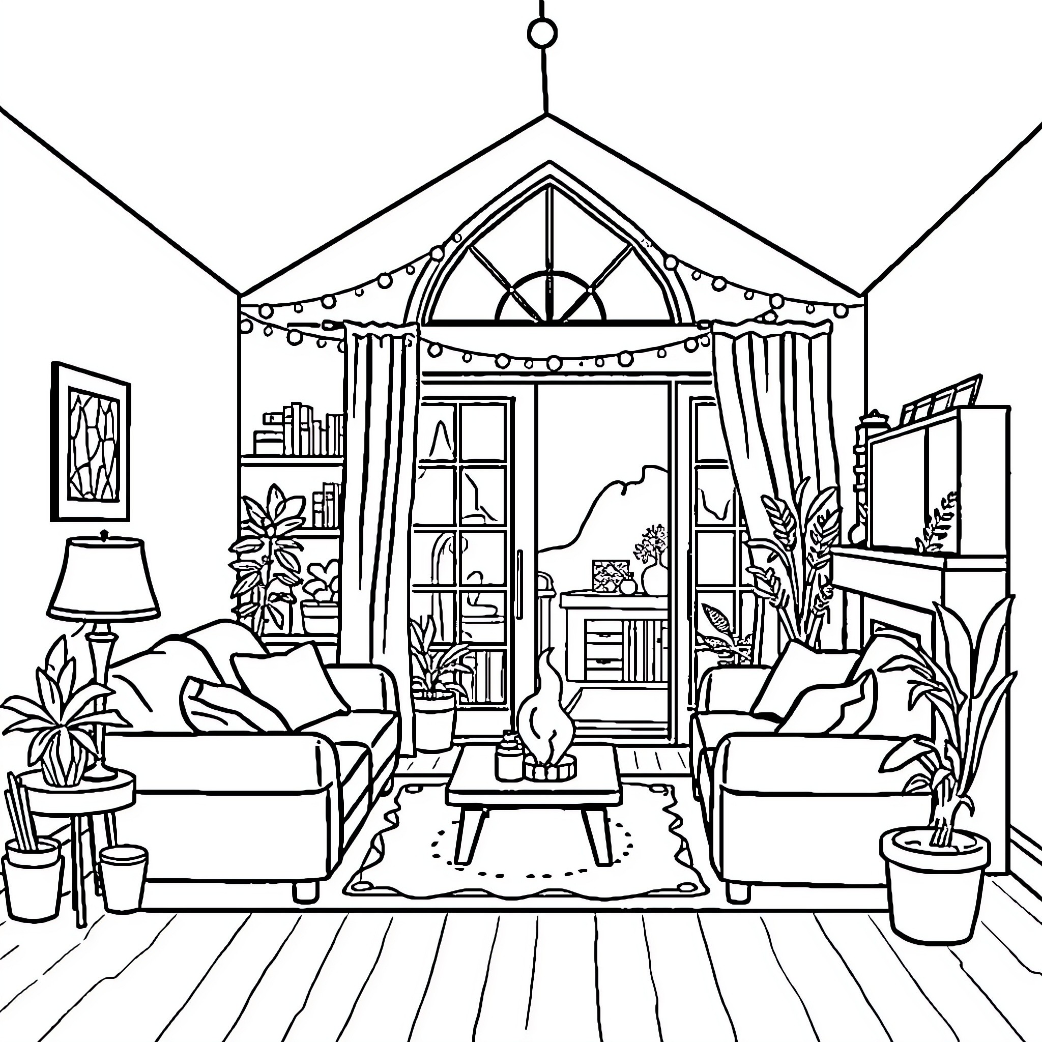 Home Cozy Interior with Stylish Furnishings Coloring Page (free black-and-white line drawing printable PDF for all, from beginners to advanced learners, including children, teens, adults, and seniors)