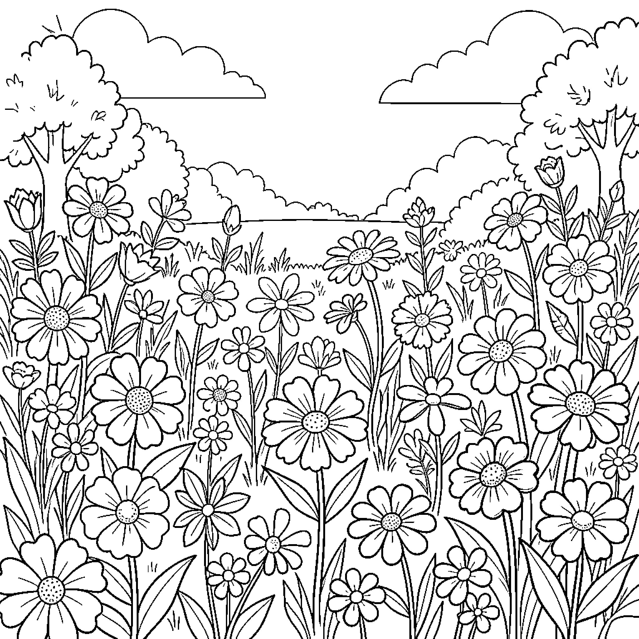 Flower meadow blooming under a cloudy sky Coloring Page (free black-and-white line drawing printable PDF for all, from beginners to advanced learners, including children, teens, adults, and seniors)