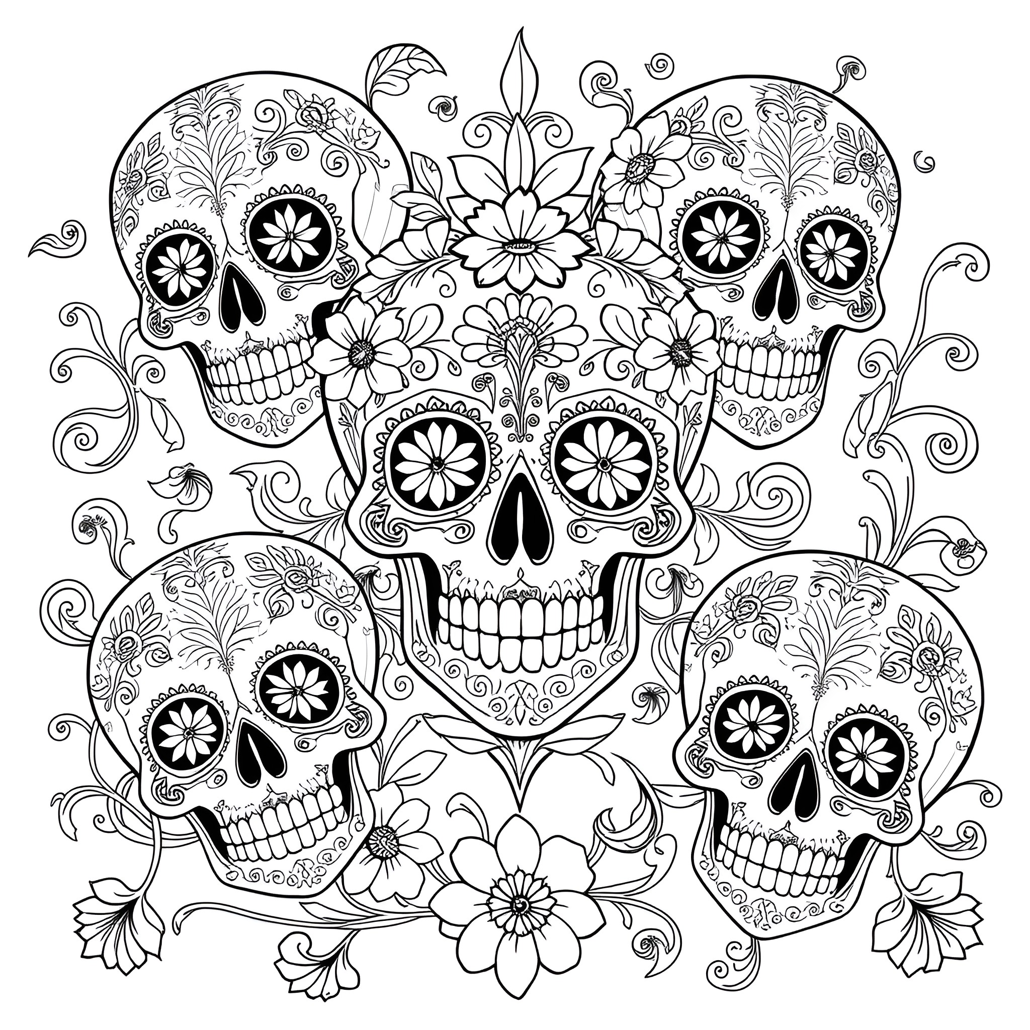 Sugar Skull Celebration with Intricate Floral Designs Coloring Page (free black-and-white line drawing printable PDF for all, from beginners to advanced learners, including children, teens, adults, and seniors)