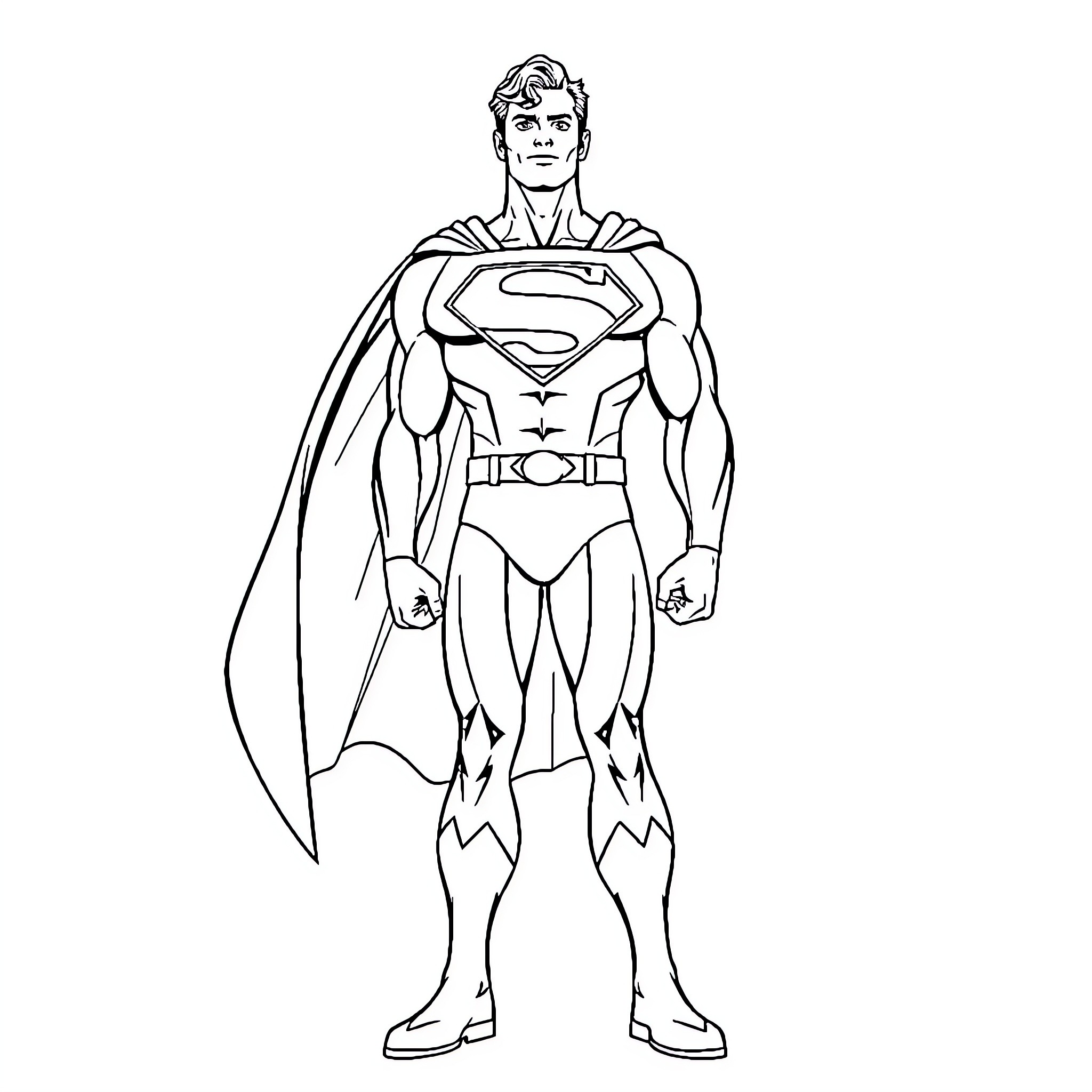 Superman in heroic stance with cape Coloring Page (free black-and-white line drawing printable PDF for all, from beginners to advanced learners, including children, teens, adults, and seniors)