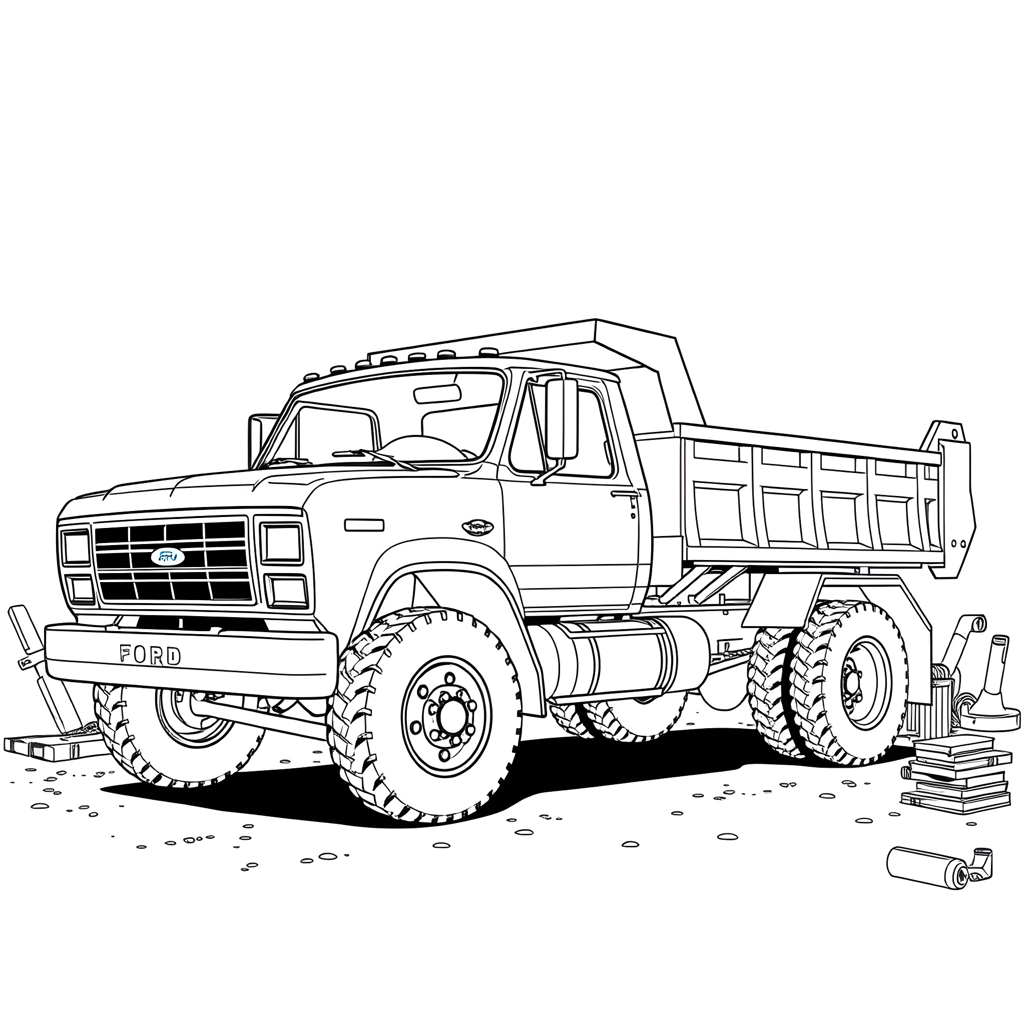 Ford Dump Truck in Construction Site Coloring Page (free black-and-white line drawing printable PDF for all, from beginners to advanced learners, including children, teens, adults, and seniors)