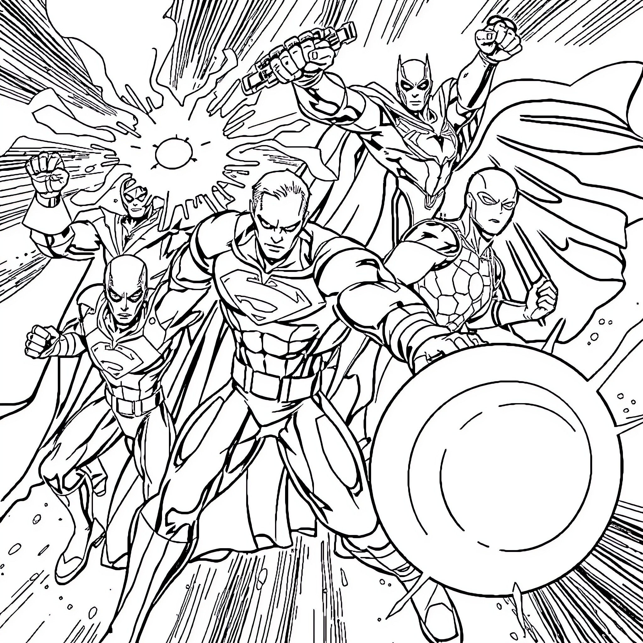Marvel Superheroes Battling with Might and Heroism Coloring Page (free black-and-white line drawing printable PDF for all, from beginners to advanced learners, including children, teens, adults, and seniors)