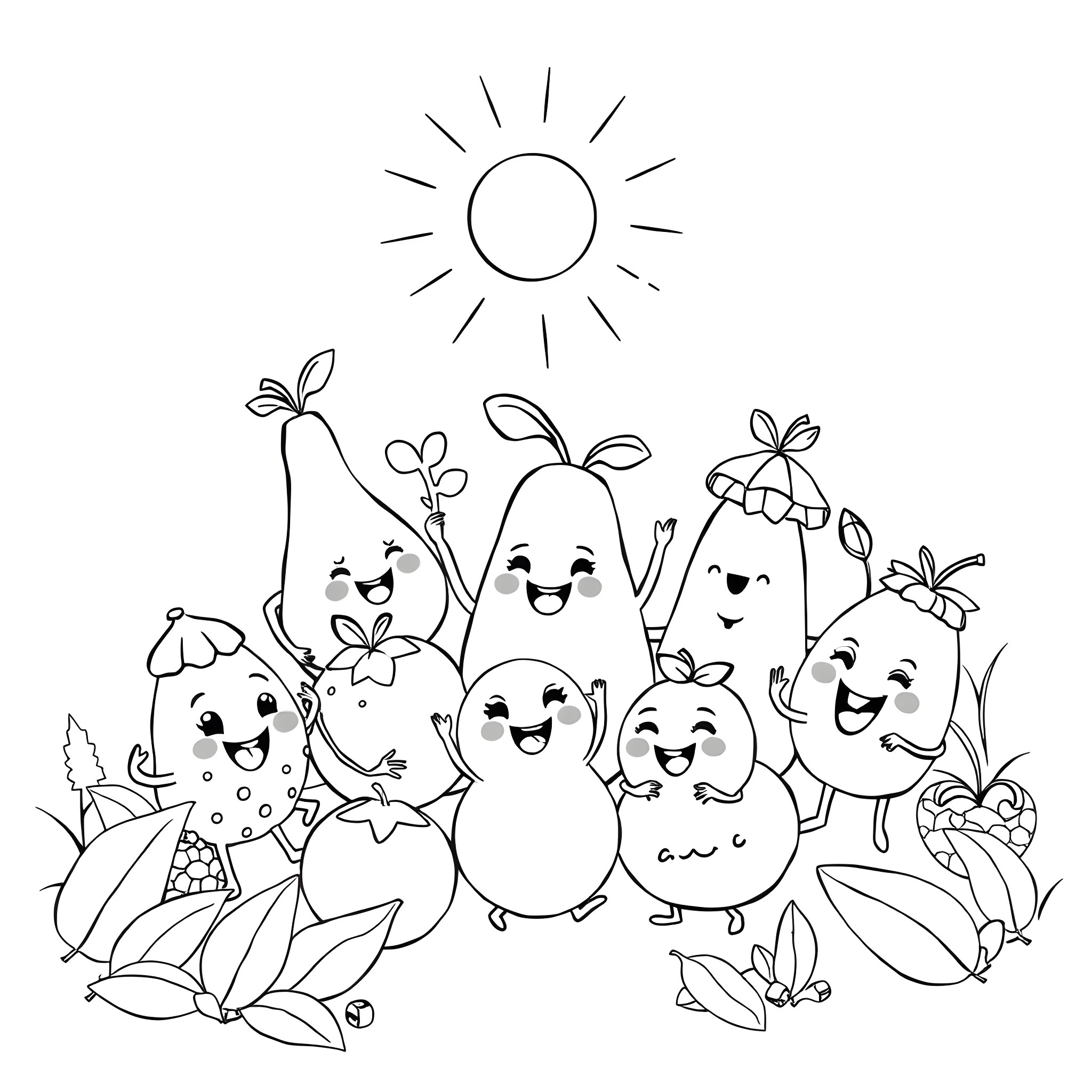 Fruit characters expressing happiness under the sun Coloring Page (free black-and-white line drawing printable PDF for all, from beginners to advanced learners, including children, teens, adults, and seniors)