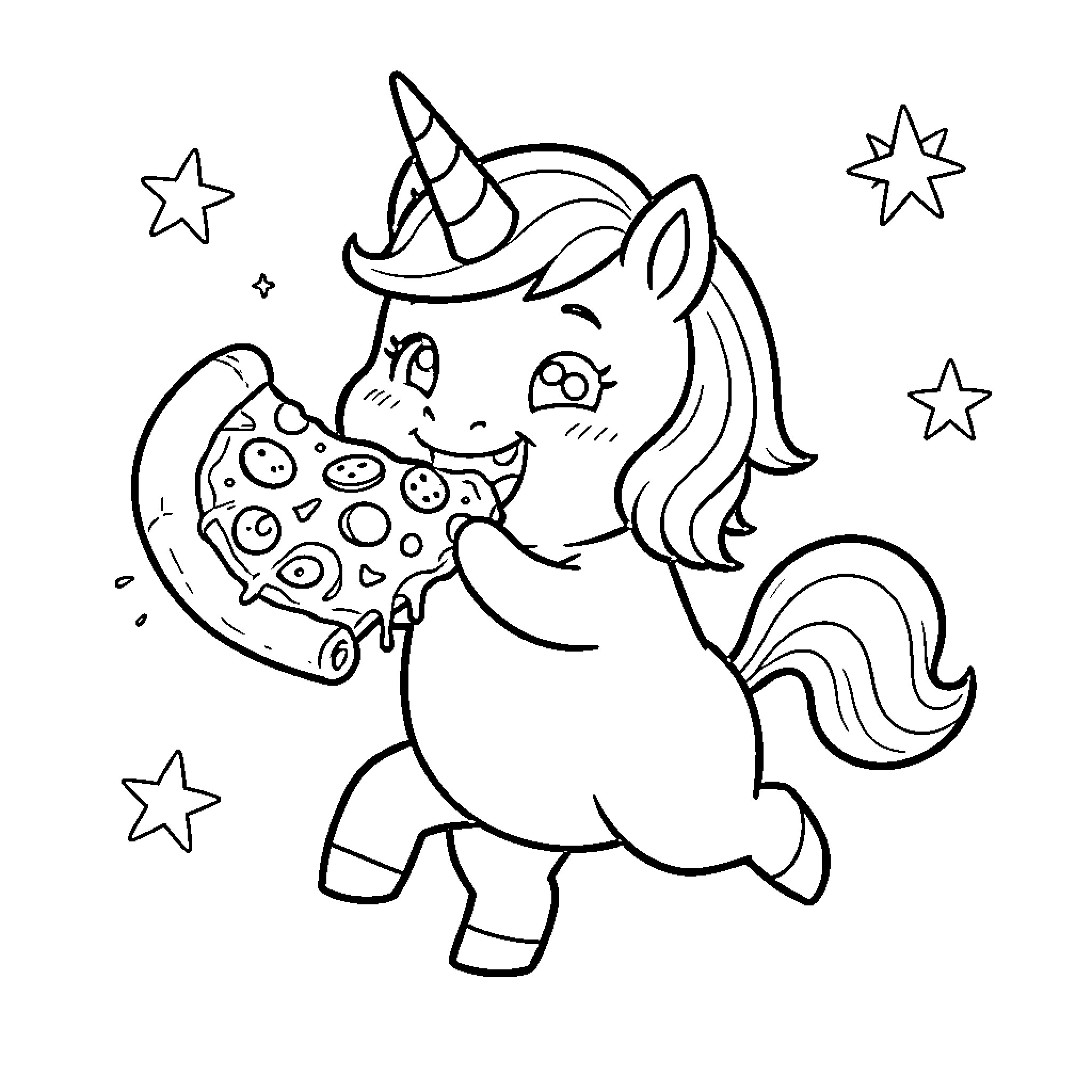 Unicorn happily eating a large slice of pizza Coloring Page (free black-and-white line drawing printable PDF for all, from beginners to advanced learners, including children, teens, adults, and seniors)