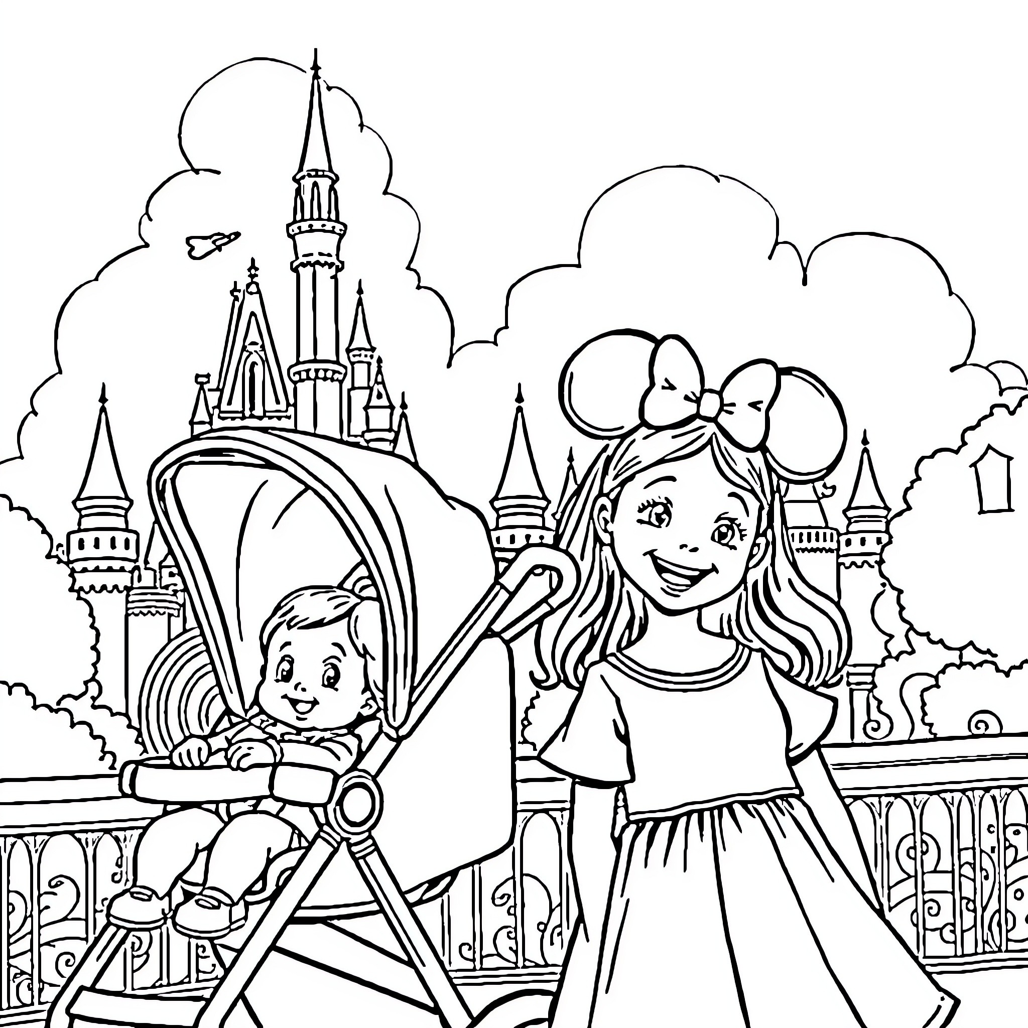 Girl pushing baby stroller in magical kingdom Coloring Page (free black-and-white line drawing printable PDF for all, from beginners to advanced learners, including children, teens, adults, and seniors)