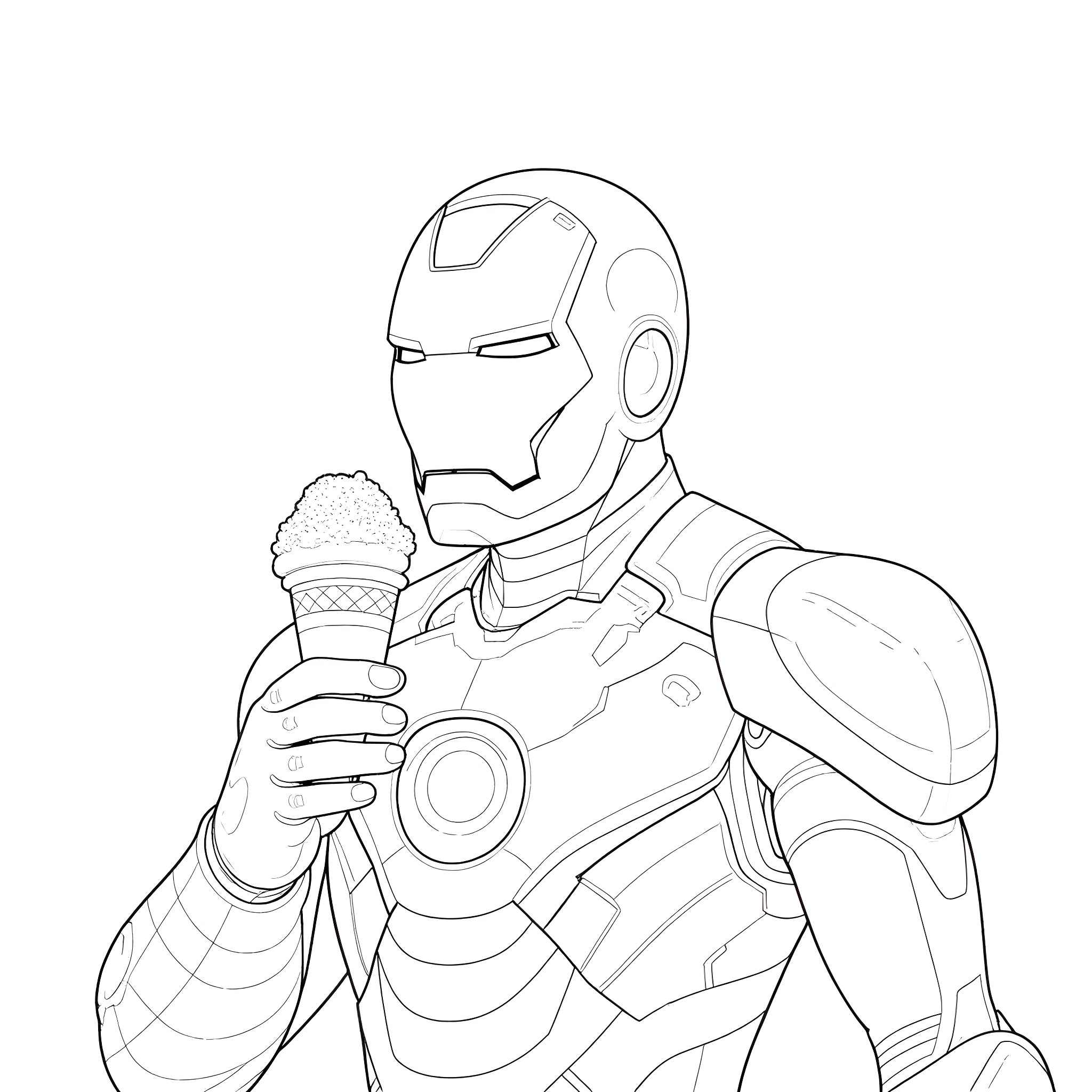 Iron Man Enjoying Ice Cream Treat Coloring Page (free black-and-white line drawing printable PDF for all, from beginners to advanced learners, including children, teens, adults, and seniors)