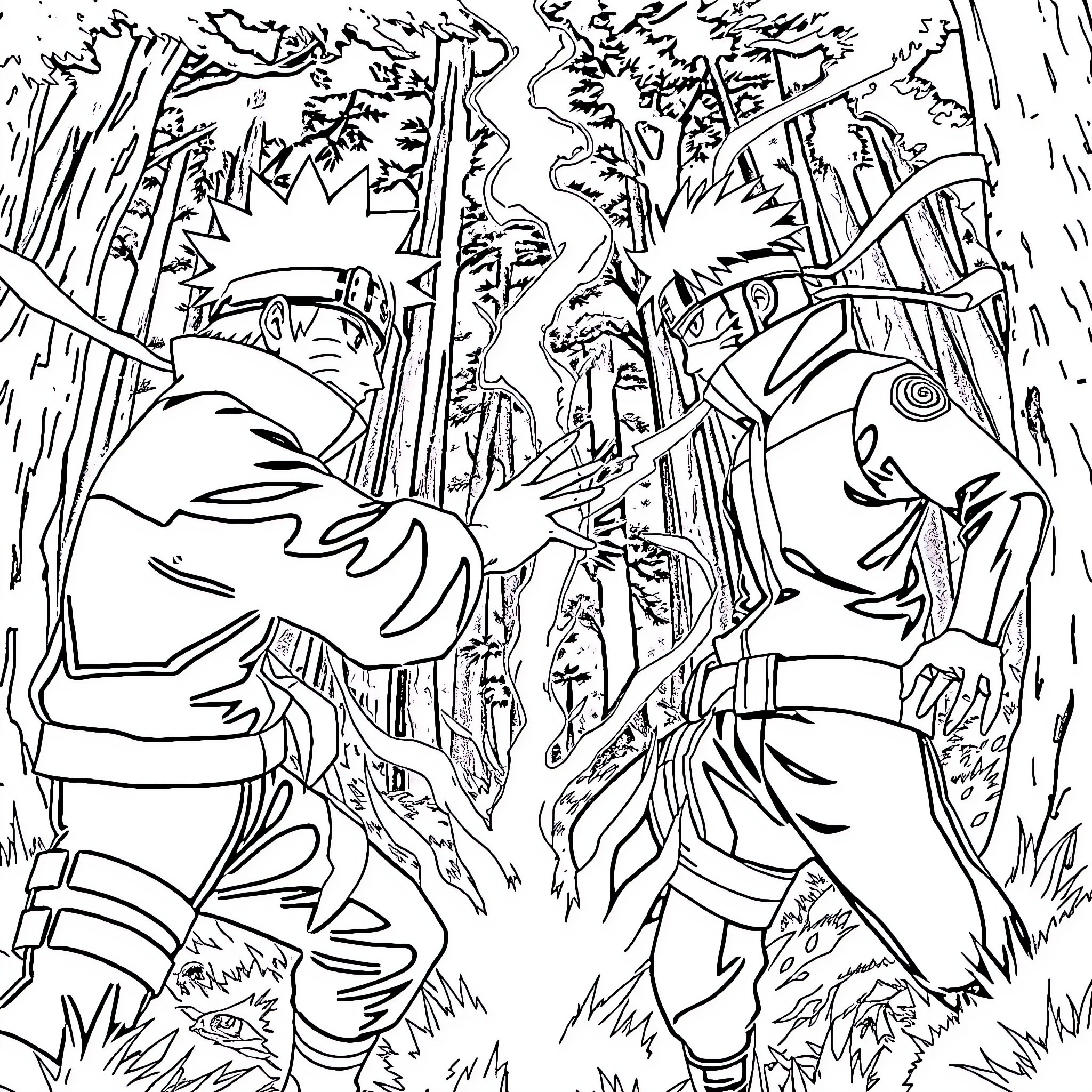 Naruto Characters in Forest Landscape Coloring Page (free black-and-white line drawing printable PDF for all, from beginners to advanced learners, including children, teens, adults, and seniors)