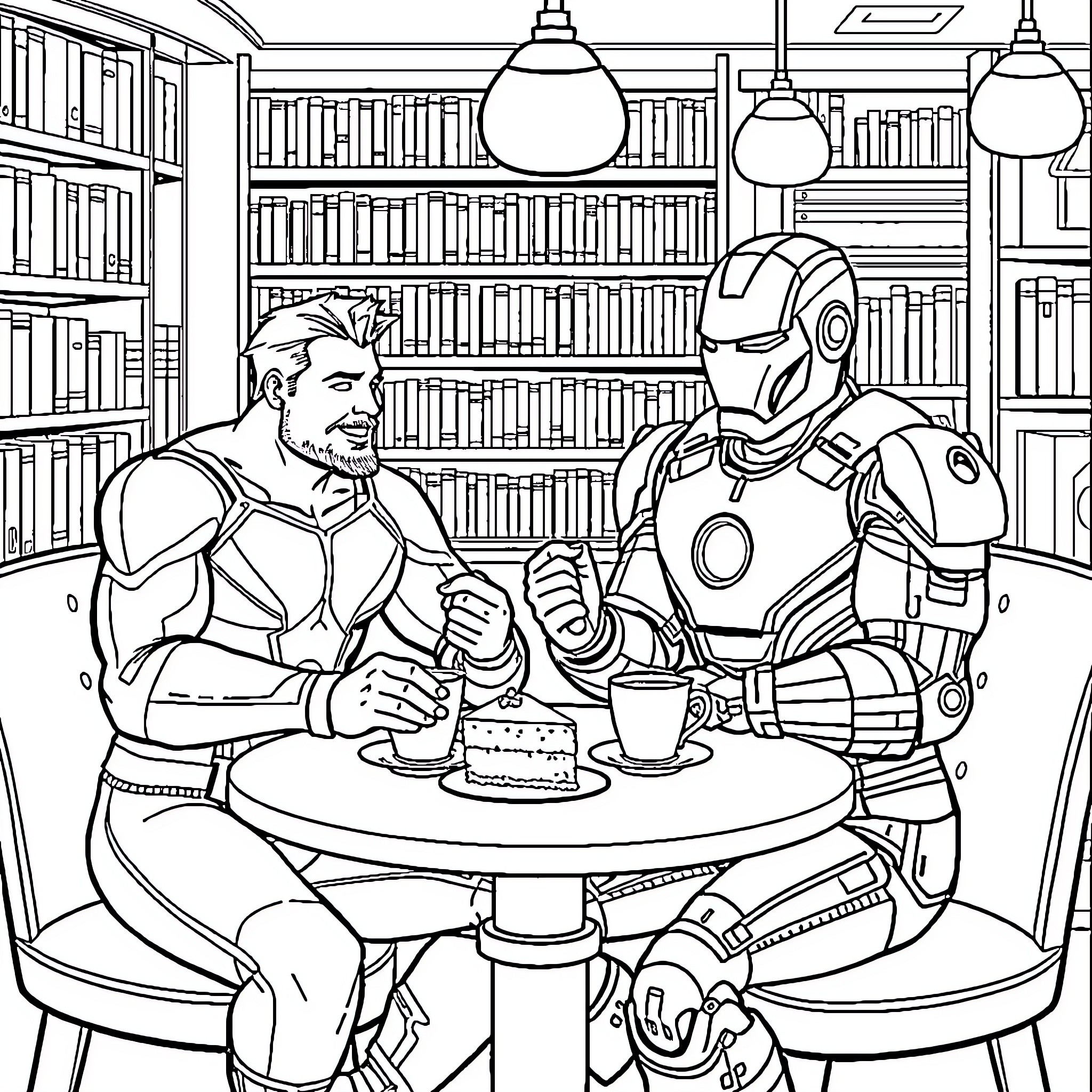Aquaman and Iron Man Enjoying Cake in a Library Coloring Page (free black-and-white line drawing printable PDF for all, from beginners to advanced learners, including children, teens, adults, and seniors)