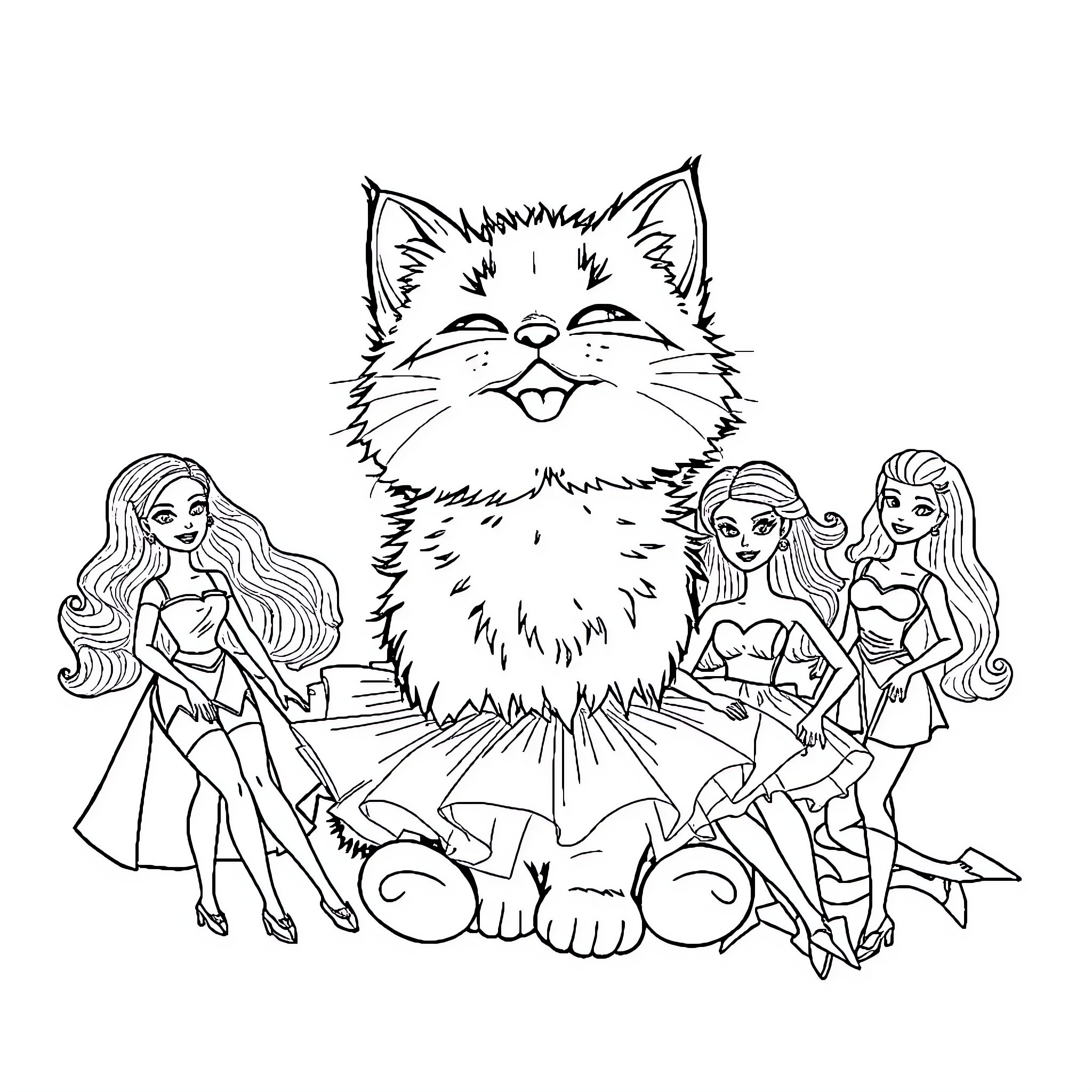 Cat with fashionable dolls in the scene Coloring Page (free black-and-white line drawing printable PDF for all, from beginners to advanced learners, including children, teens, adults, and seniors)