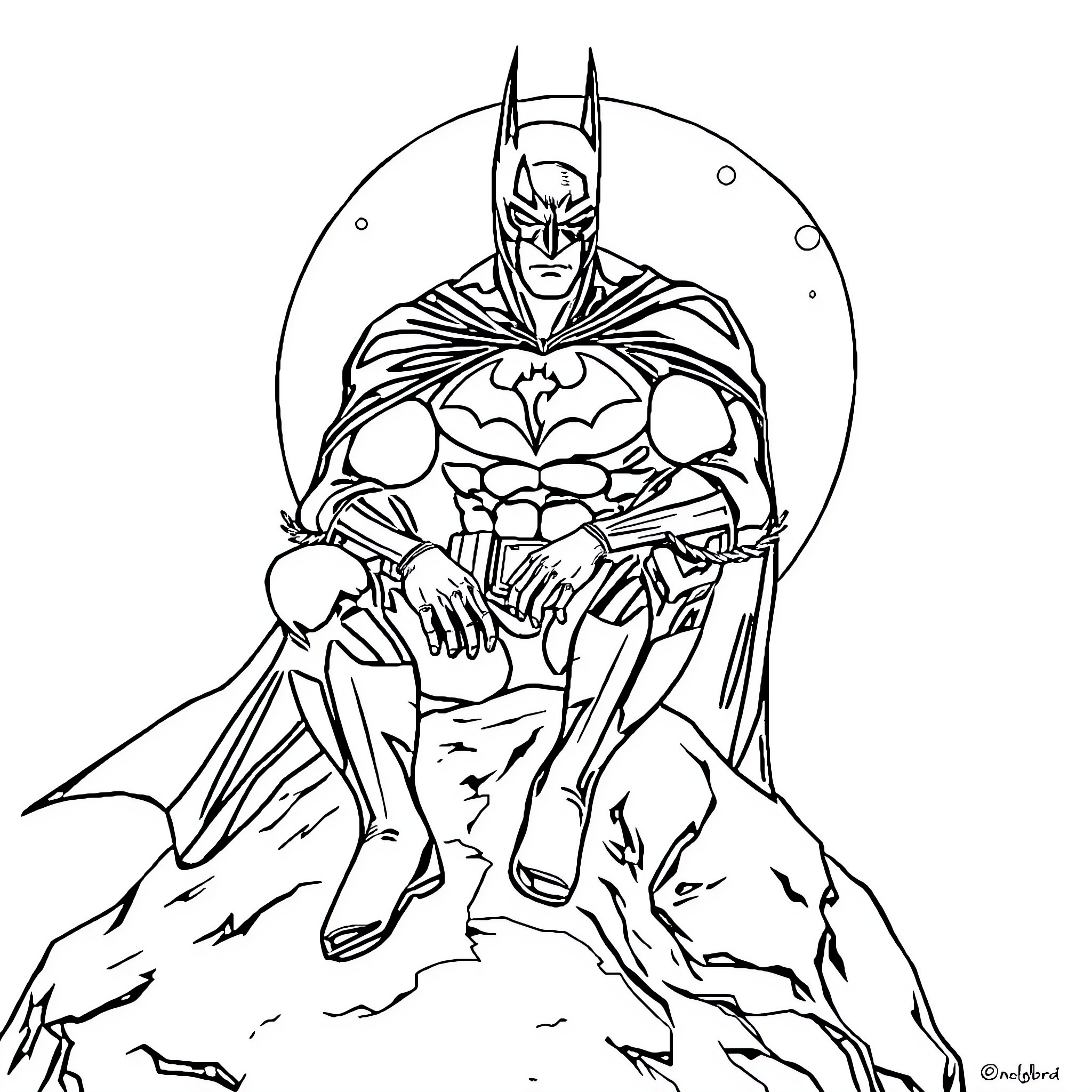 Batman Brooding in the Dark Coloring Page (free black-and-white line drawing printable PDF for all, from beginners to advanced learners, including children, teens, adults, and seniors)