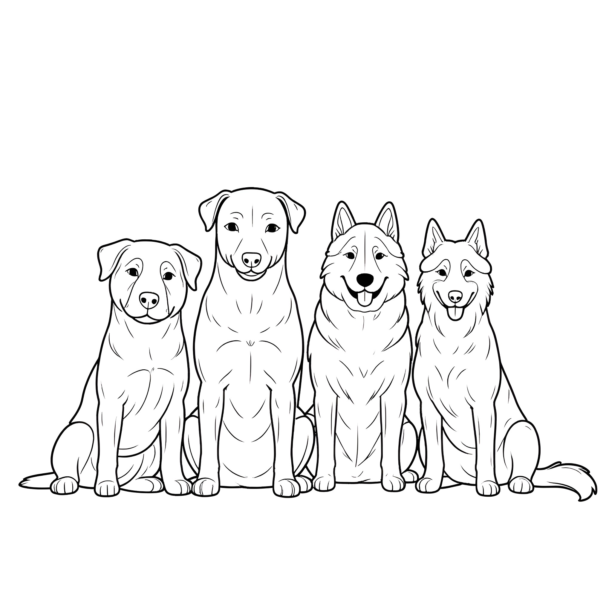 Dog friends sitting together happily Coloring Page (free black-and-white line drawing printable PDF for all, from beginners to advanced learners, including children, teens, adults, and seniors)