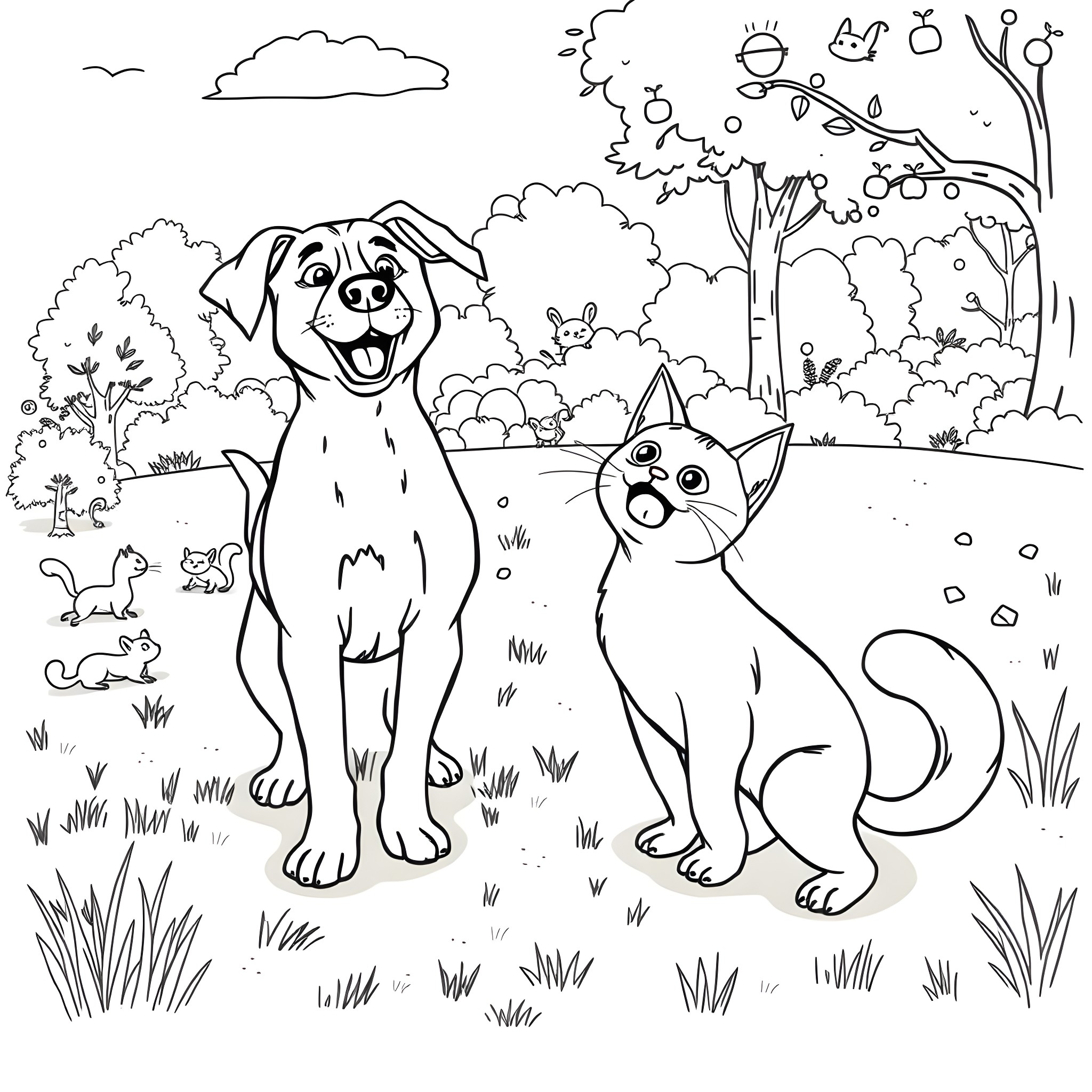 Dog and Cat Playing in the Park Coloring Page (free black-and-white line drawing printable PDF for all, from beginners to advanced learners, including children, teens, adults, and seniors)