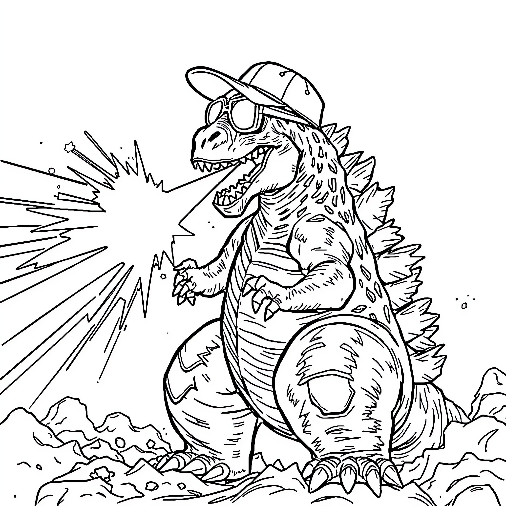 Godzilla wrecking havoc in the city Coloring Page (free black-and-white line drawing printable PDF for all, from beginners to advanced learners, including children, teens, adults, and seniors)