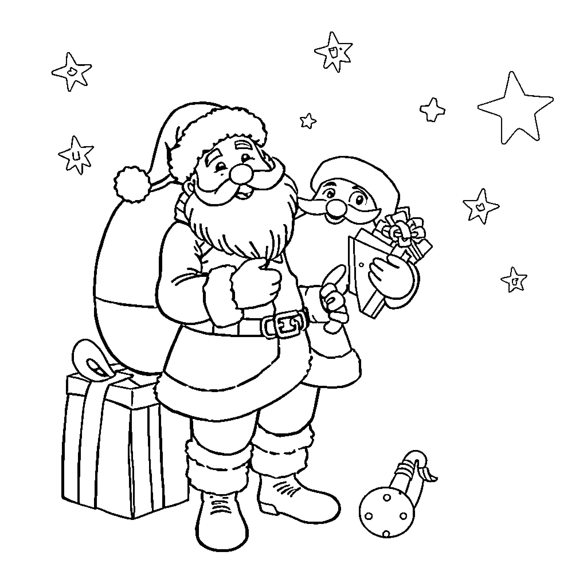 Père Noël delivering gifts with a helper Coloring Page (free black-and-white line drawing printable PDF for all, from beginners to advanced learners, including children, teens, adults, and seniors)