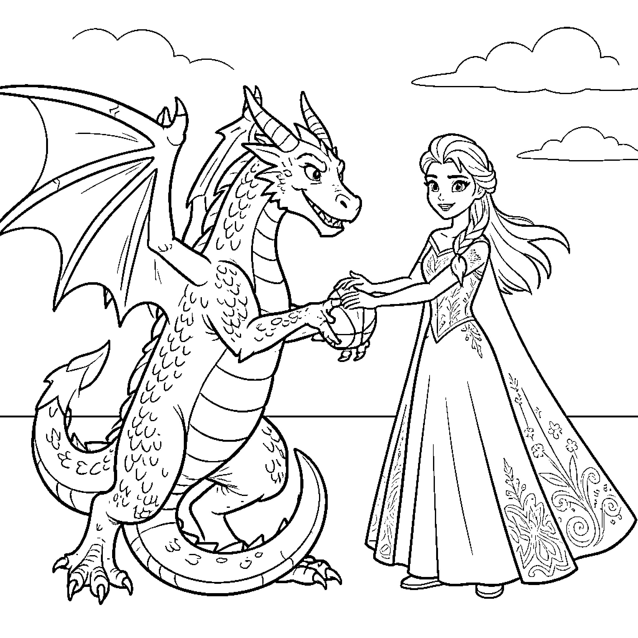 Dragon and princess holding hands in a magical scene Coloring Page (free black-and-white line drawing printable PDF for all, from beginners to advanced learners, including children, teens, adults, and seniors)