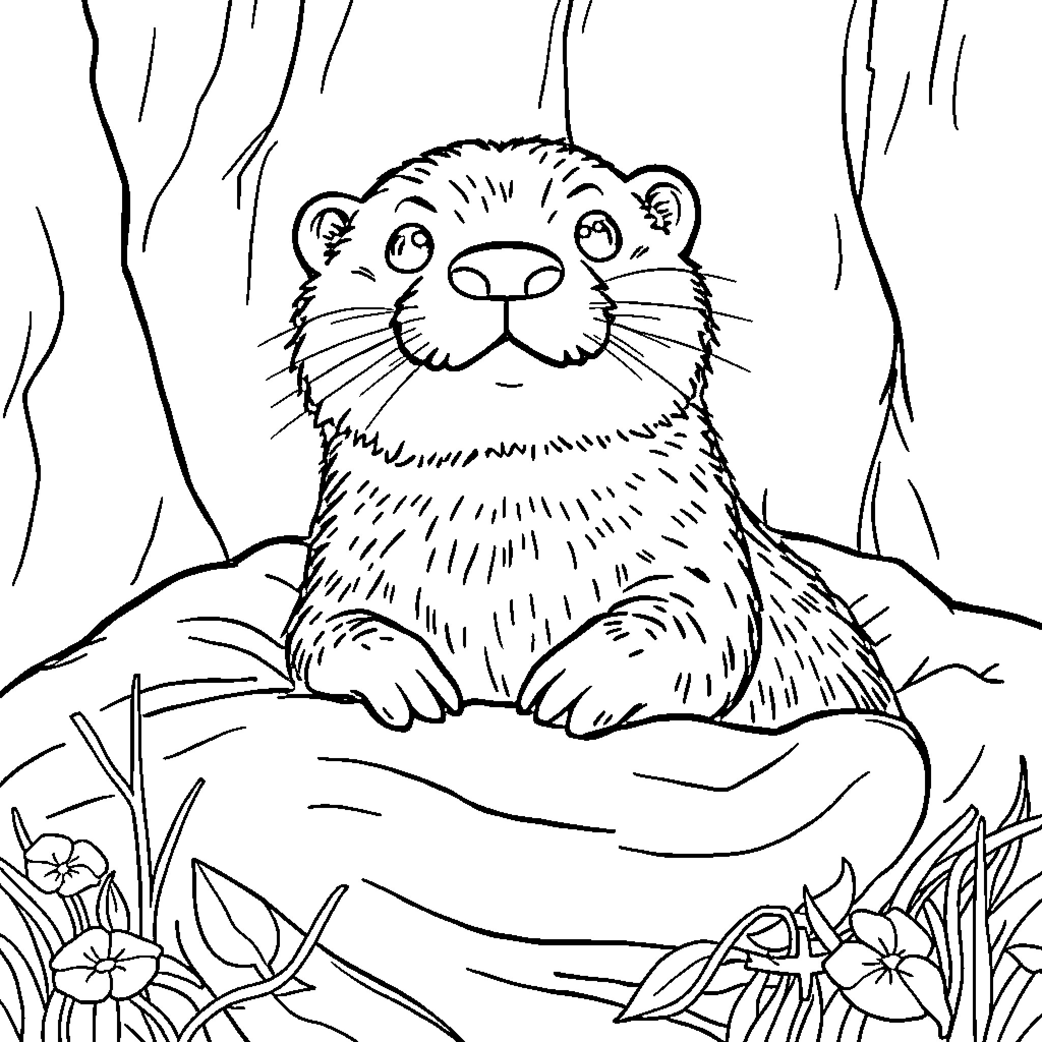 Otter peeking out from its den Coloring Page (free black-and-white line drawing printable PDF for all, from beginners to advanced learners, including children, teens, adults, and seniors)