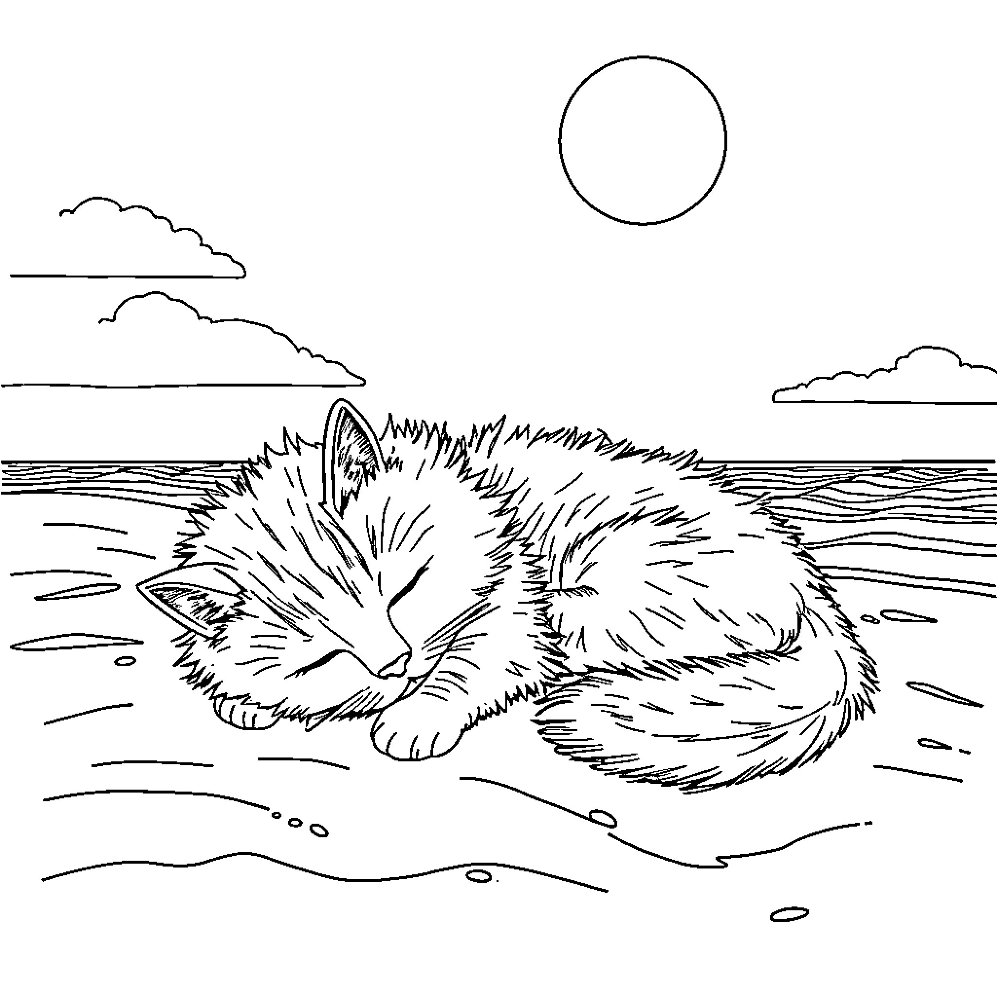 Cat relaxing on the beach Coloring Page (free black-and-white line drawing printable PDF for all, from beginners to advanced learners, including children, teens, adults, and seniors)