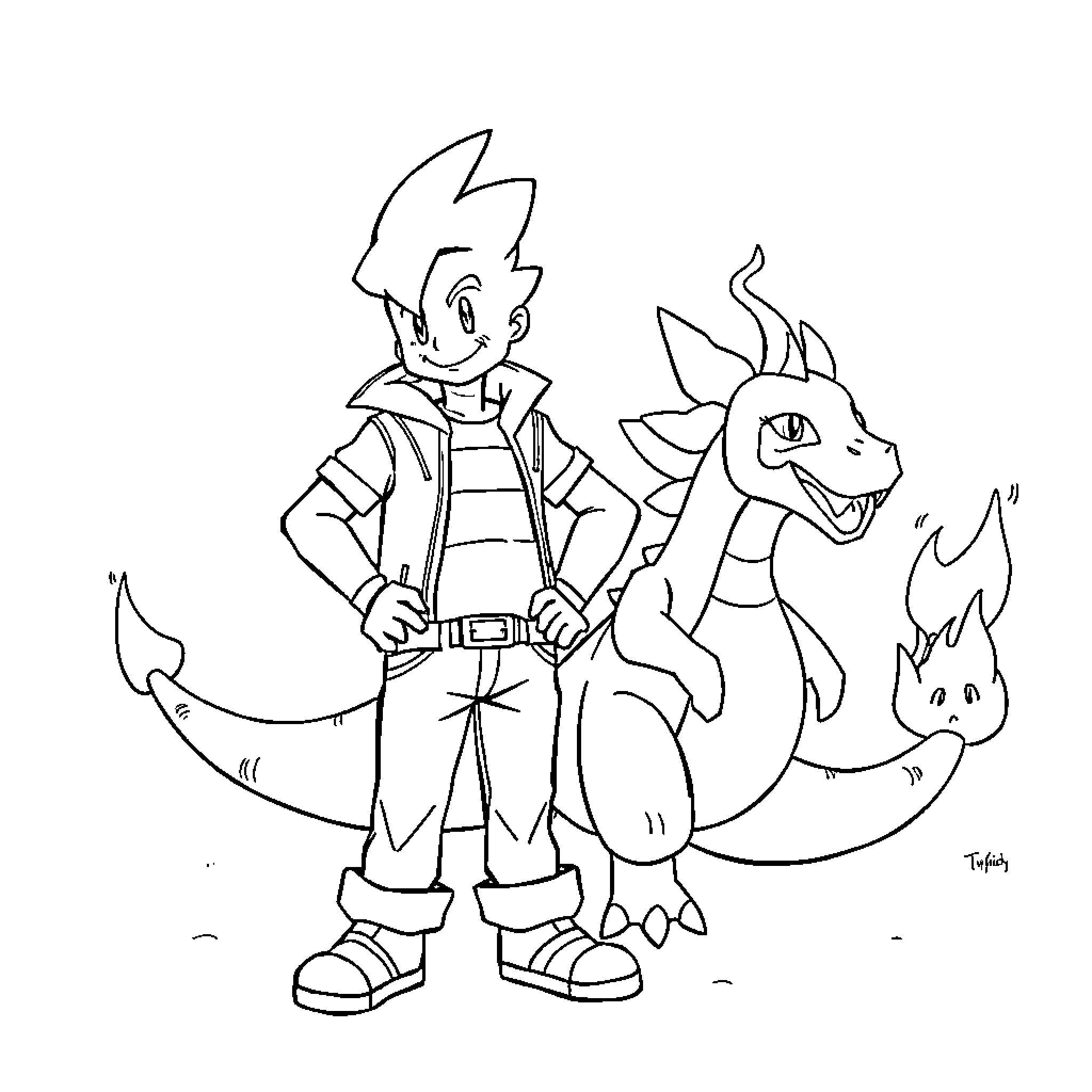 Billy Hargrove and his friendly dragon companion Coloring Page (free black-and-white line drawing printable PDF for all, from beginners to advanced learners, including children, teens, adults, and seniors)