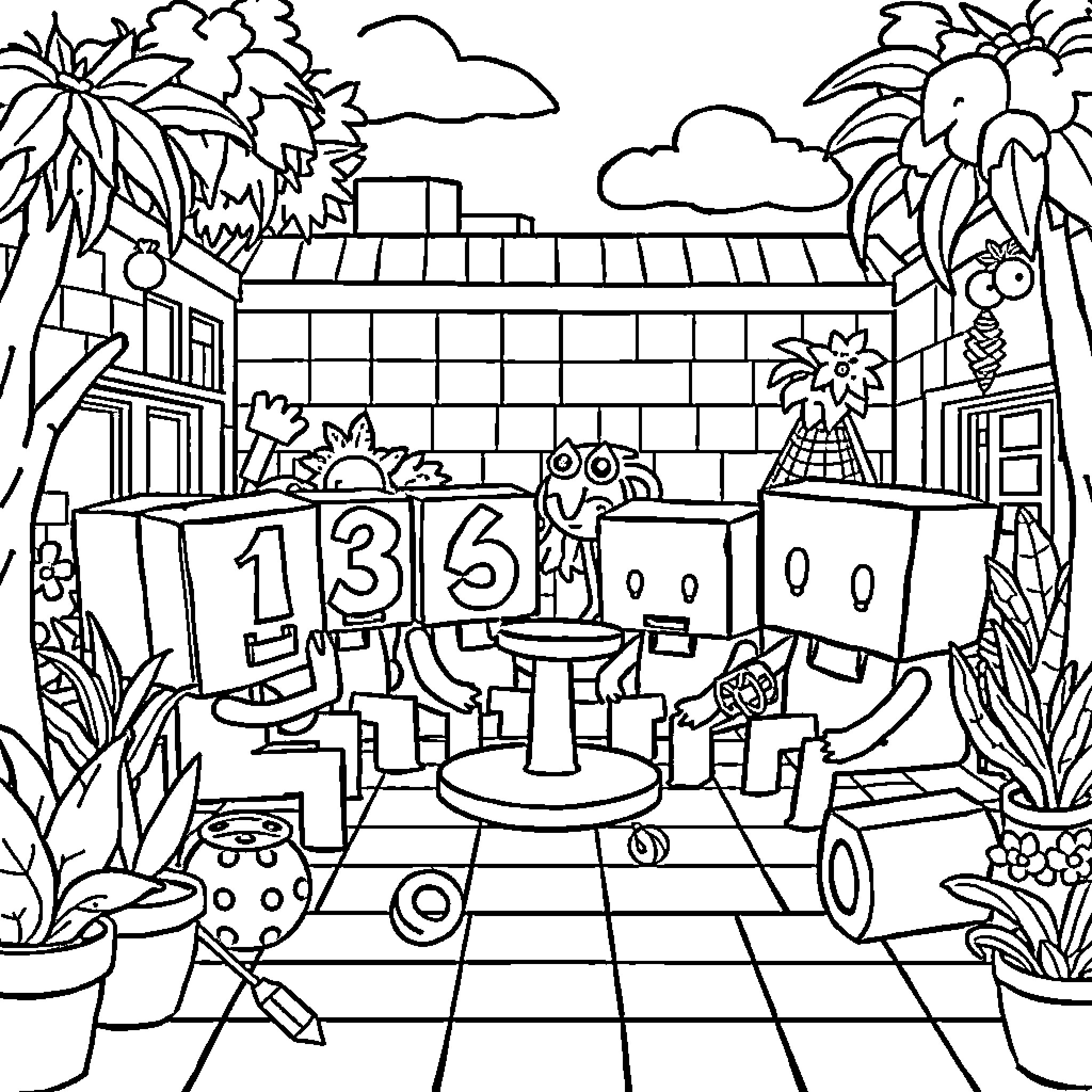 Numberblocks Enjoying a Tropical Oasis Coloring Page (free black-and-white line drawing printable PDF for all, from beginners to advanced learners, including children, teens, adults, and seniors)