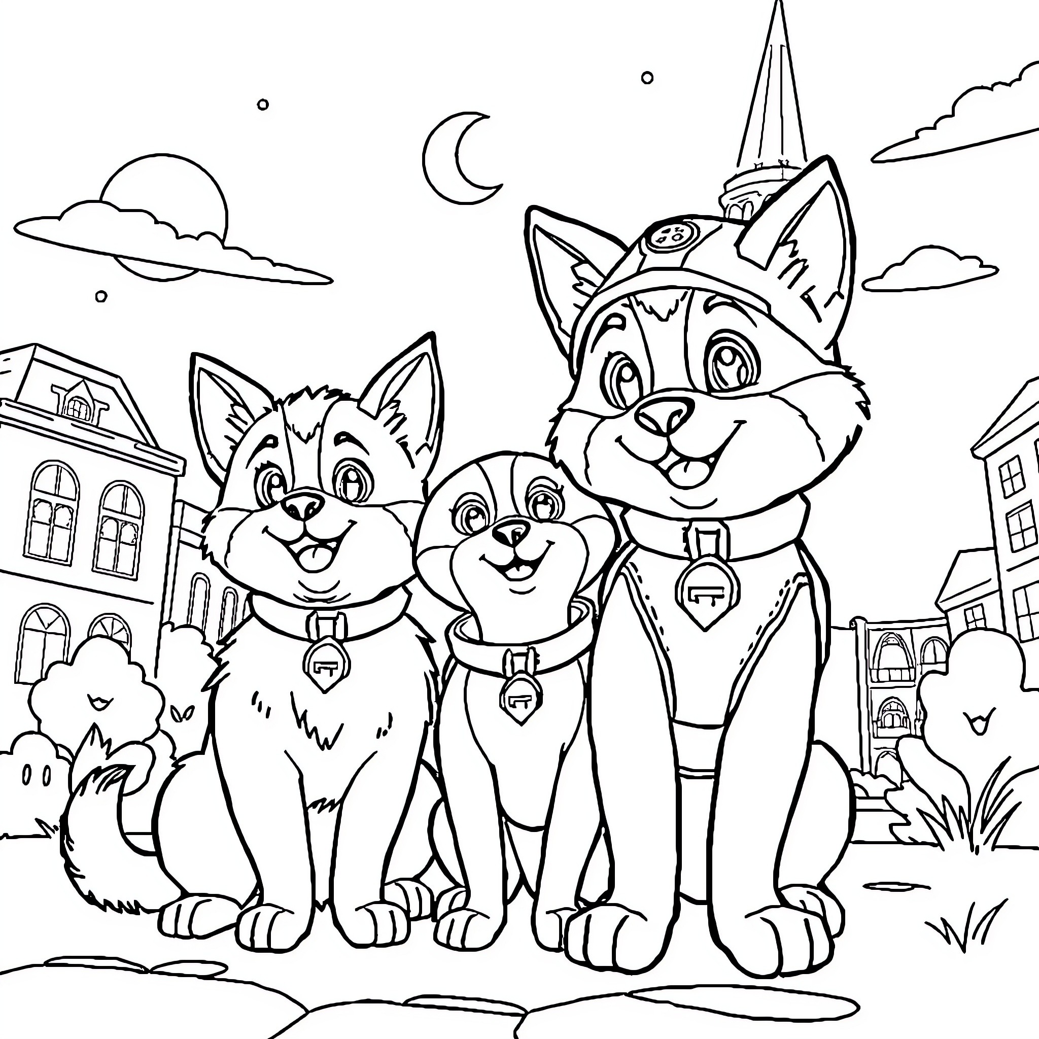 Pat Patrouille: Three Paw Patrol Pups in Action Coloring Page (free black-and-white line drawing printable PDF for all, from beginners to advanced learners, including children, teens, adults, and seniors)